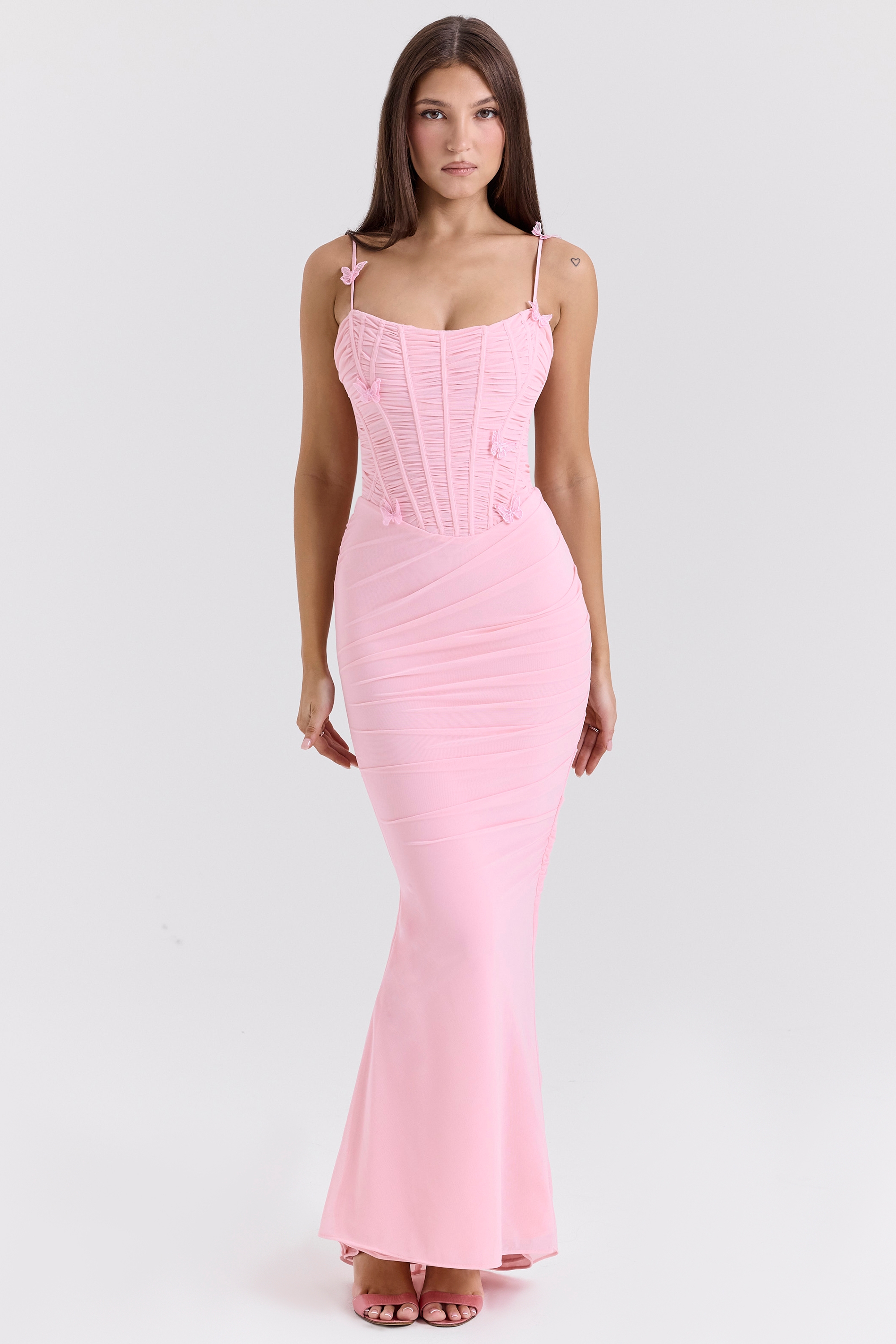 Romola-Pink Stretch Mesh Butterfly Maxi Dress