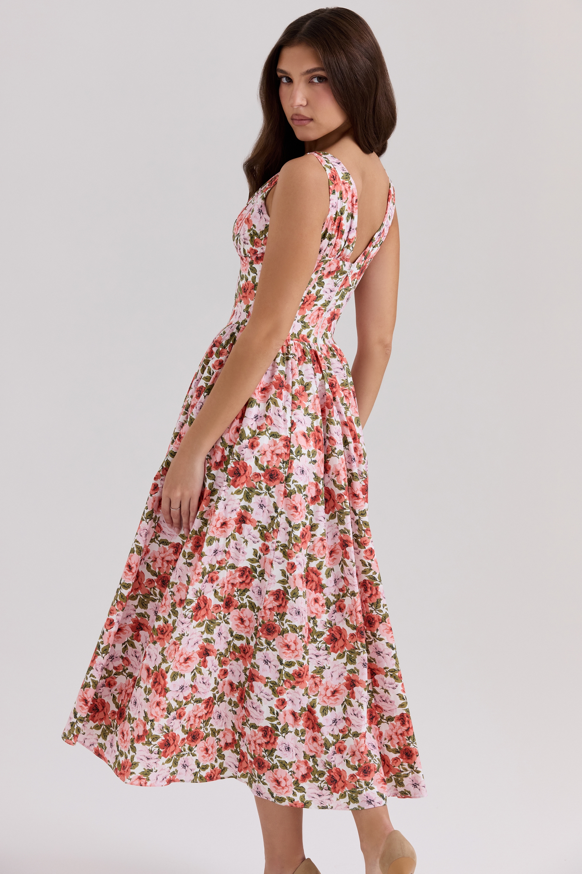 Emmelina-Floral Rose Print Stretch Cotton Corset Sundress