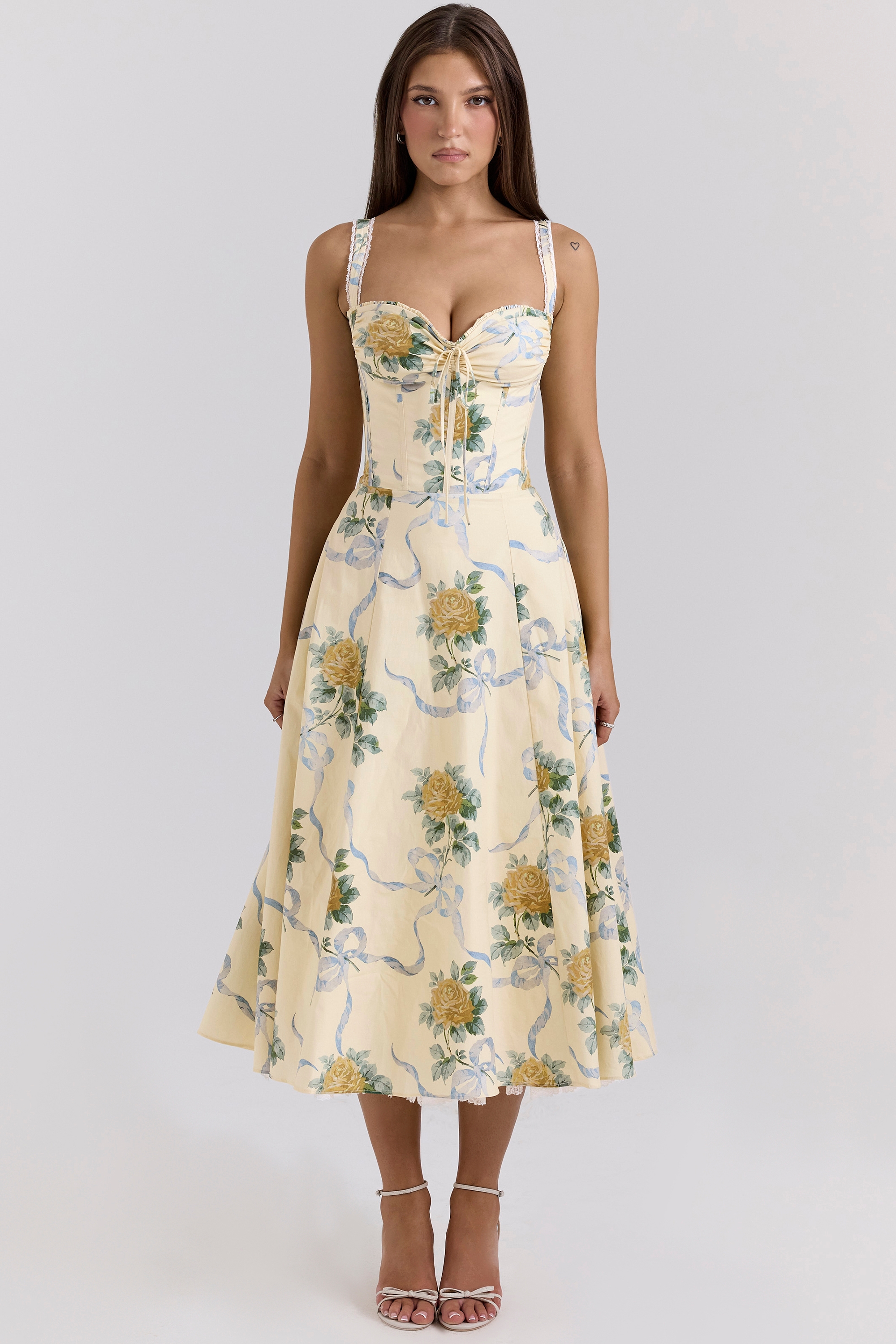 Rosalee-Lemon Vintage Ribbon Print Cotton Midi Dress