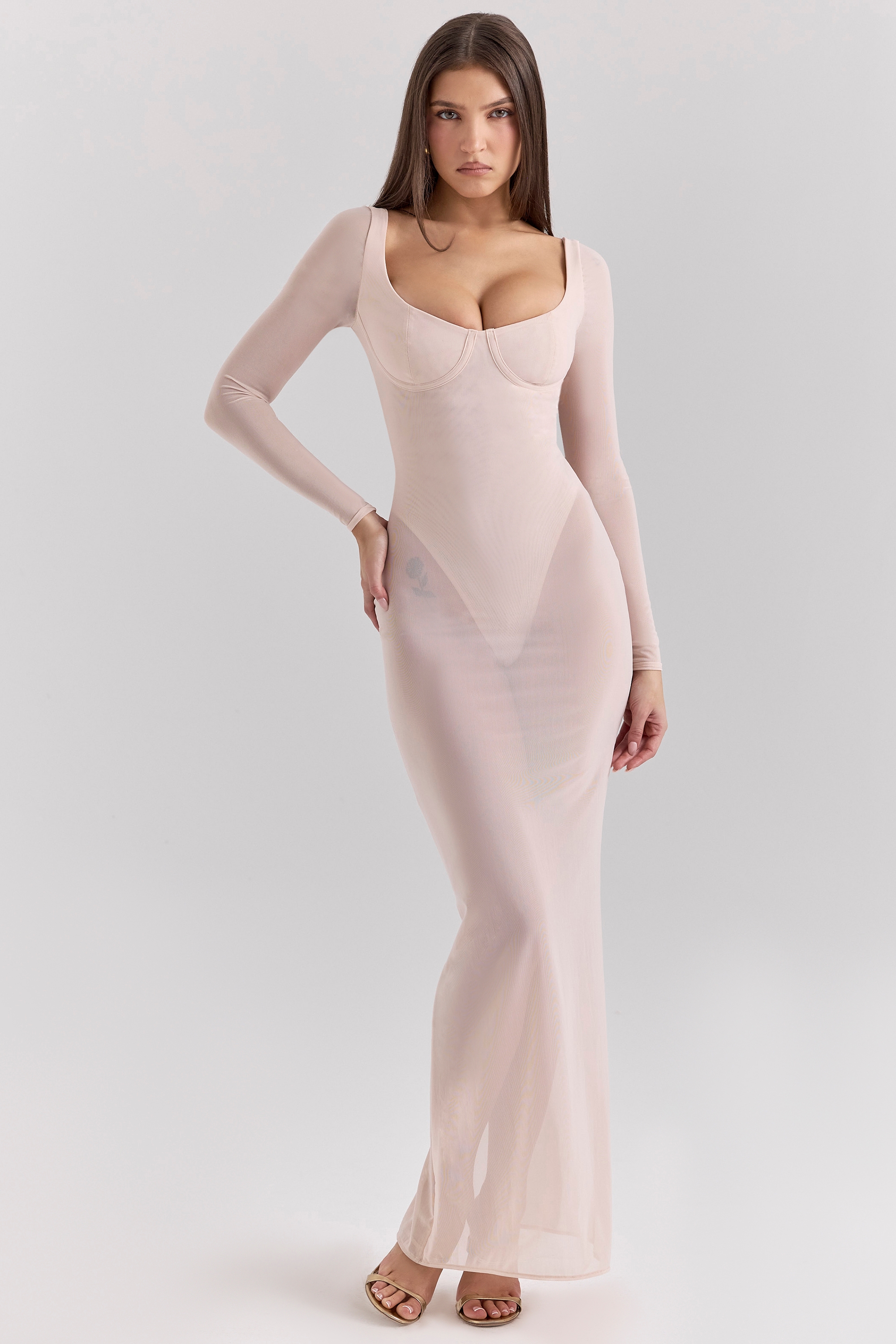Everly-Blush Mesh Maxi Dress with Bodysuit