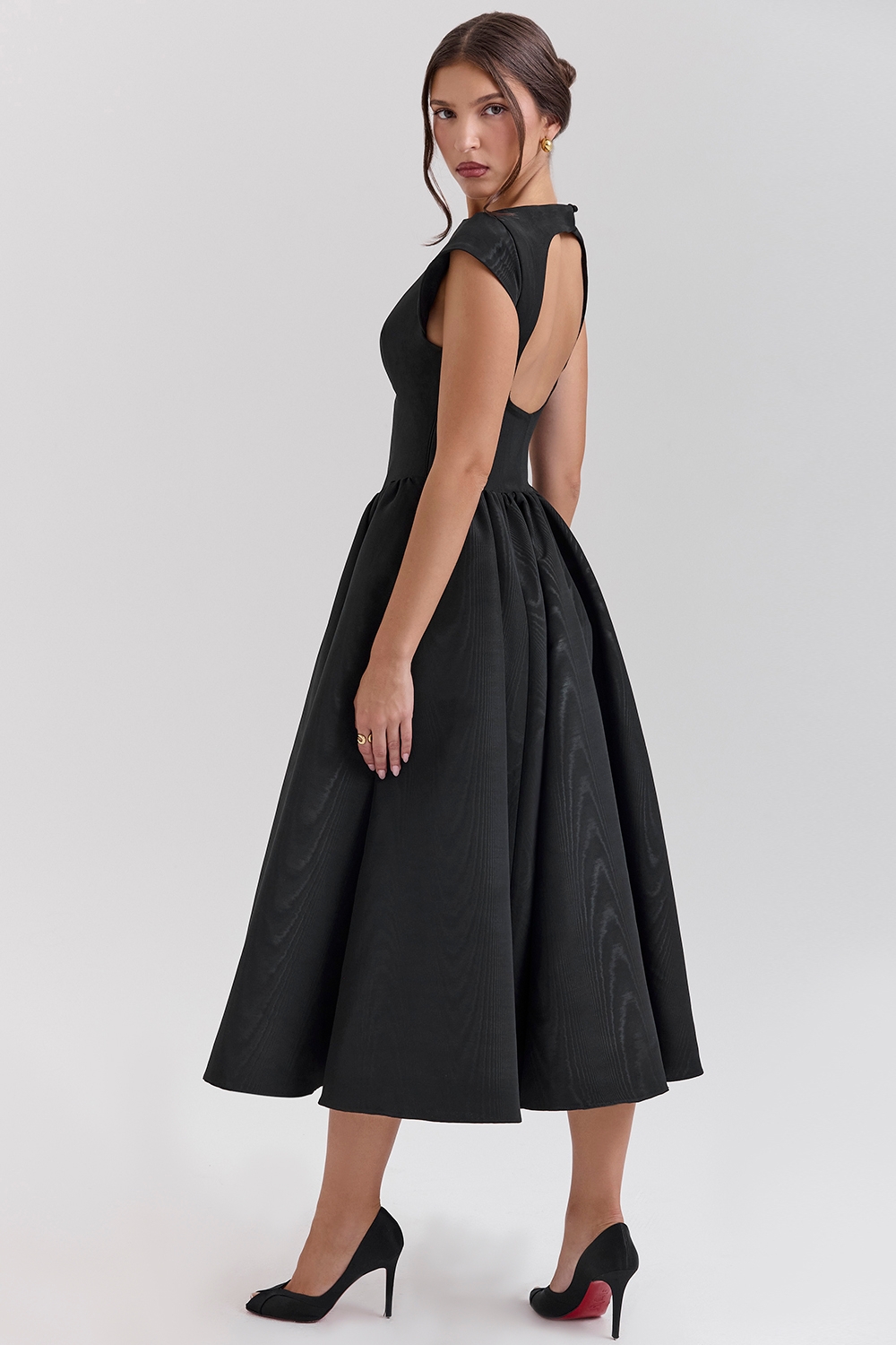 Debutante-Black Moire Satin Backless Midi Dress