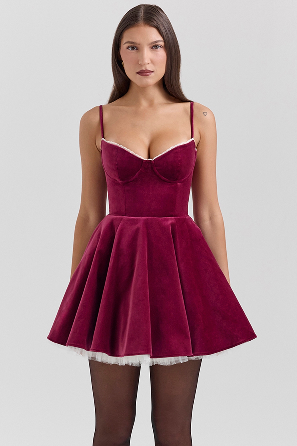 Minimoiselle-Burgundy Velvet Tulle Mini Dress