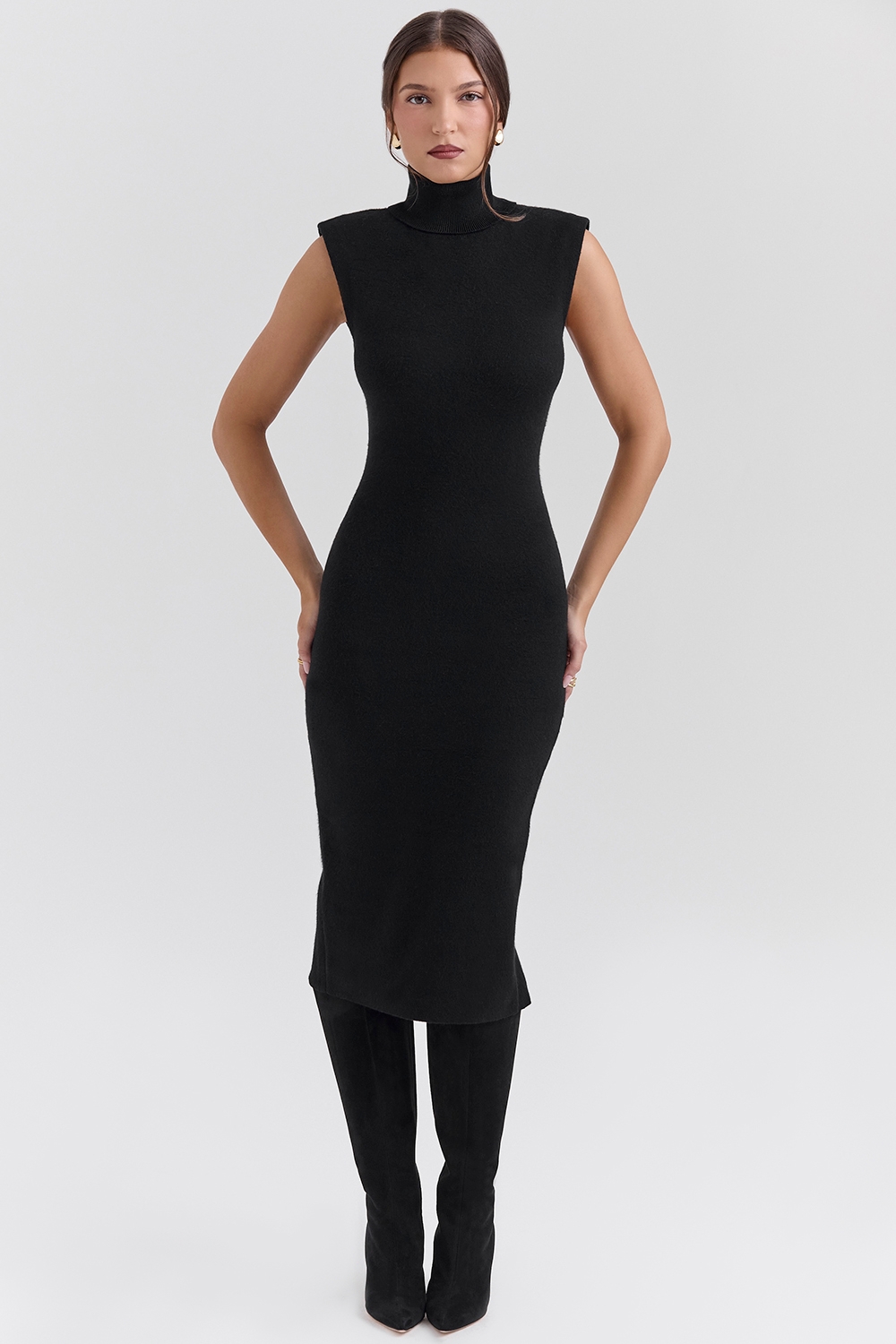 Gaia-Black Cashmere Blend Turtle Neck Midi Dress