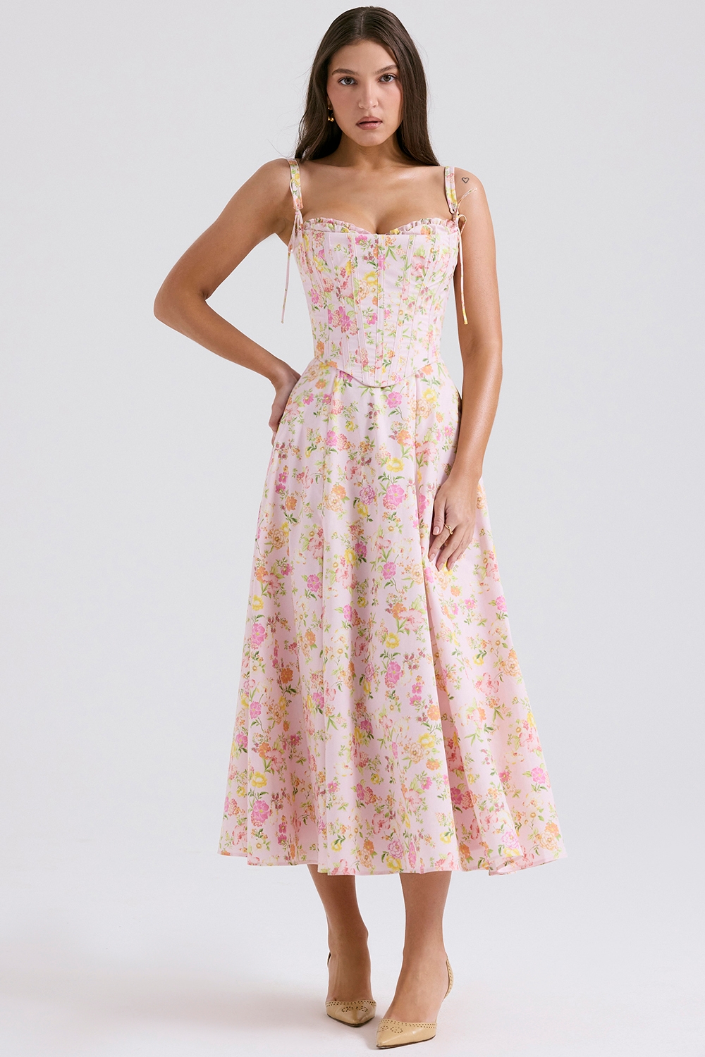 Clarabelle-Pink Meadow Print Cotton Midi Sundress