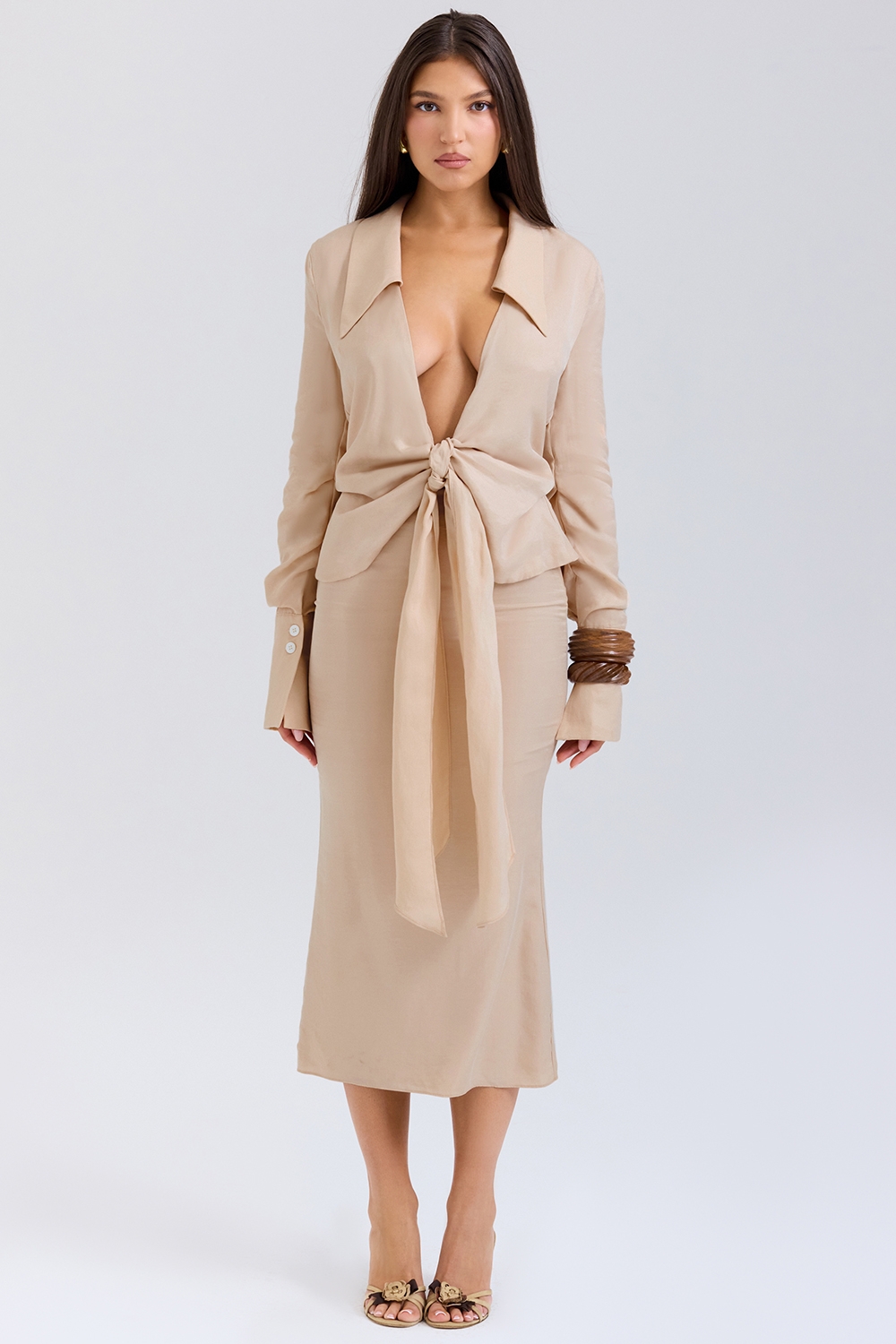 Nevaeh-Almond Plunge Shirt Midi Dress