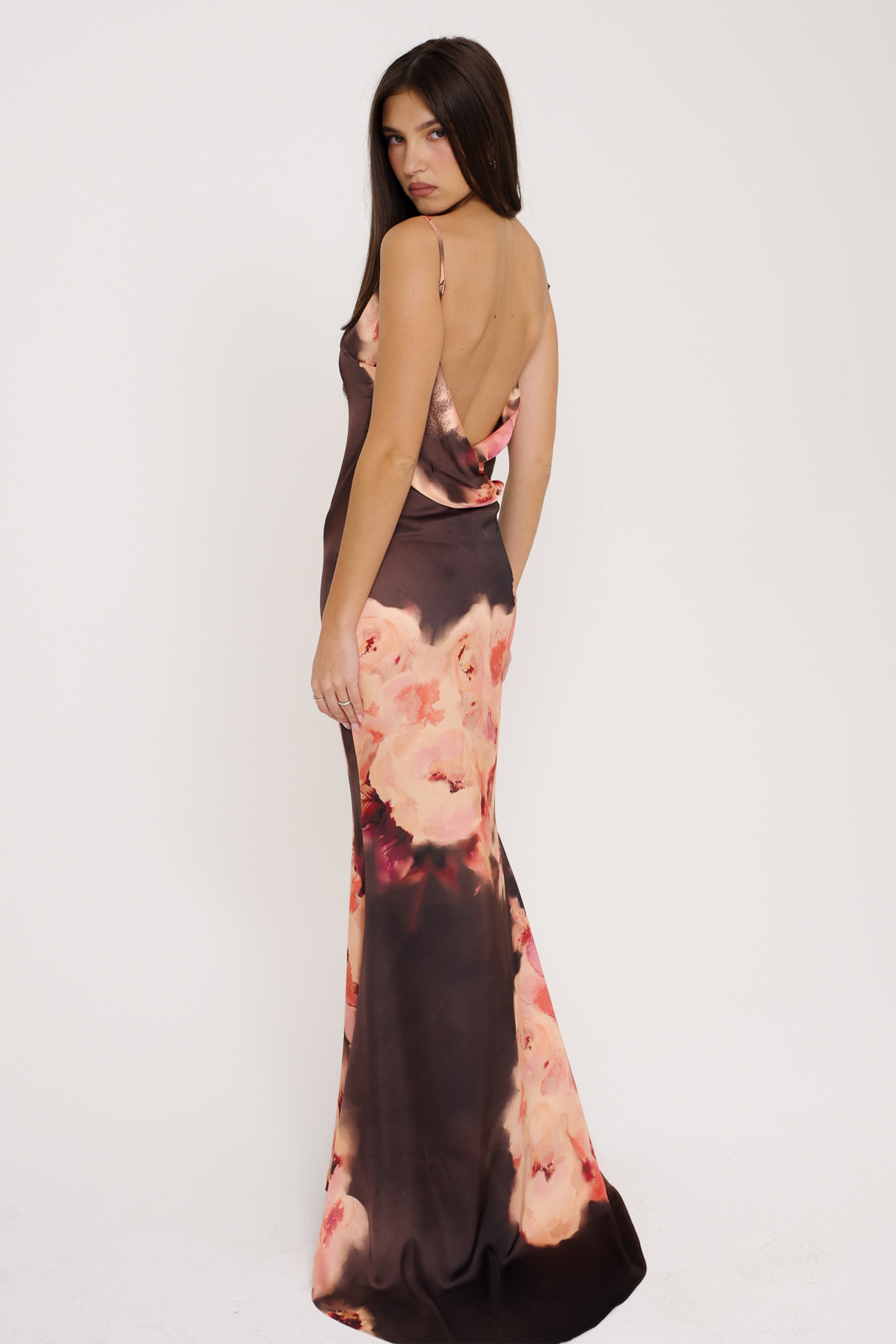 Mariamma-Dark Brown Floral Printed Satin Maxi Dress