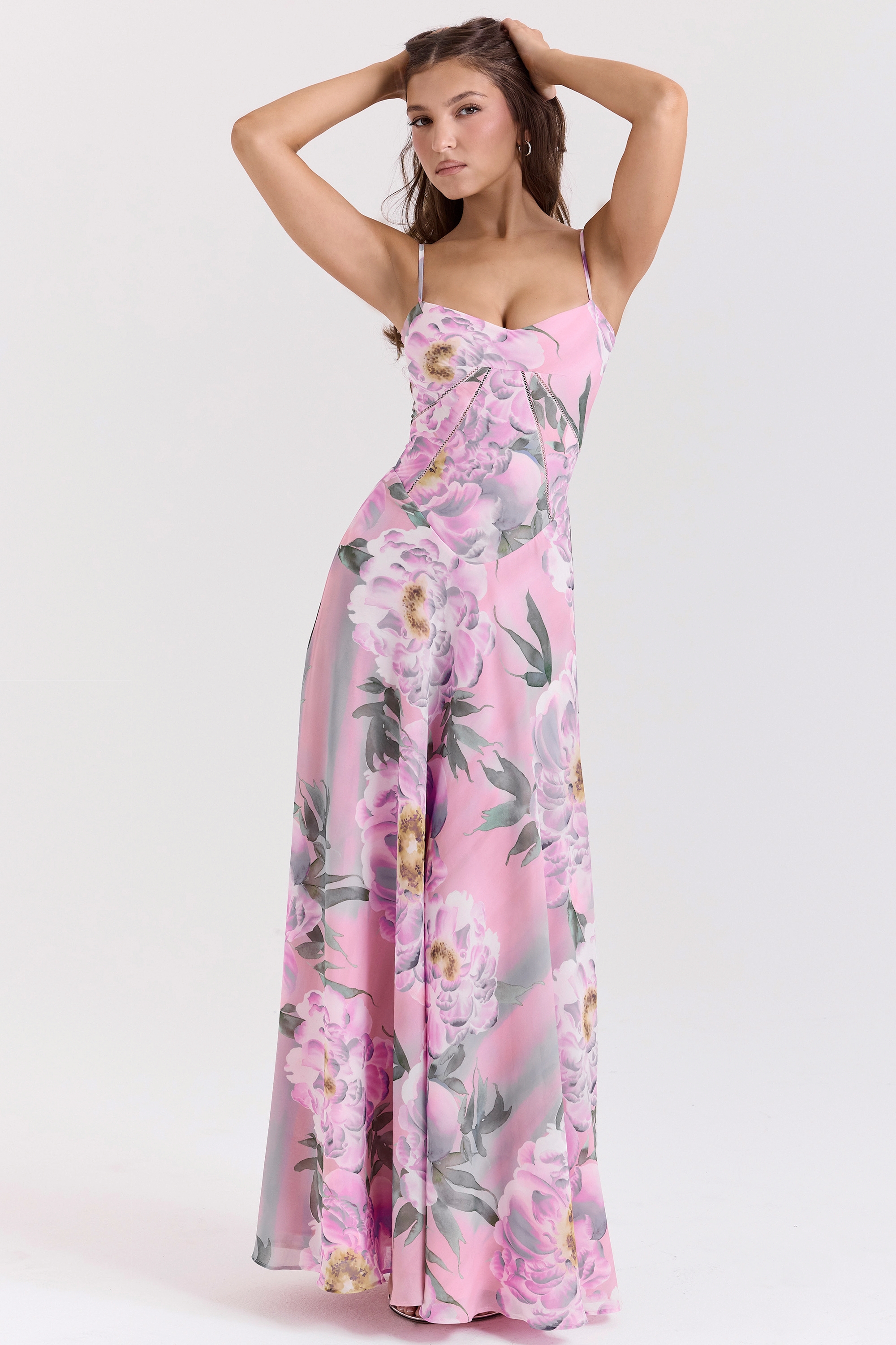 Seren-Pink Floral Print Lace Back Maxi Dress