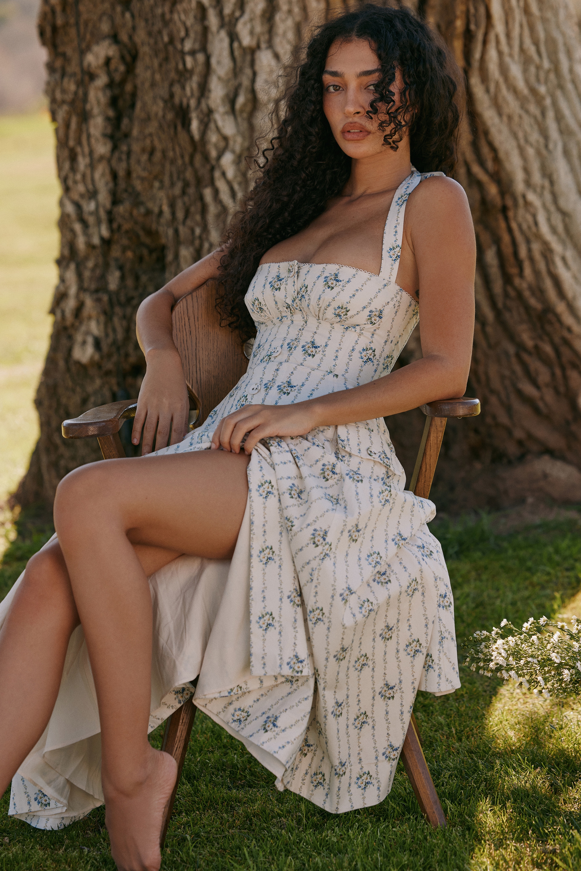 Claudia-Cream Daisy Print Stretch Cotton Halter Neck Midi Dress