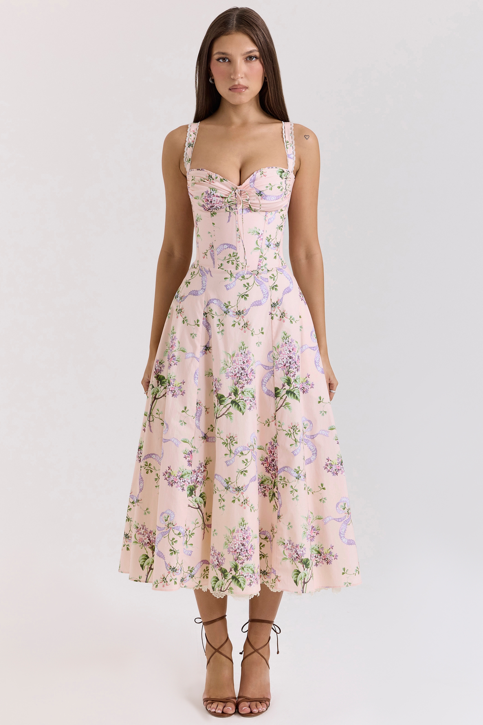 Rosalee-Pink Floral Corset Midi Dress