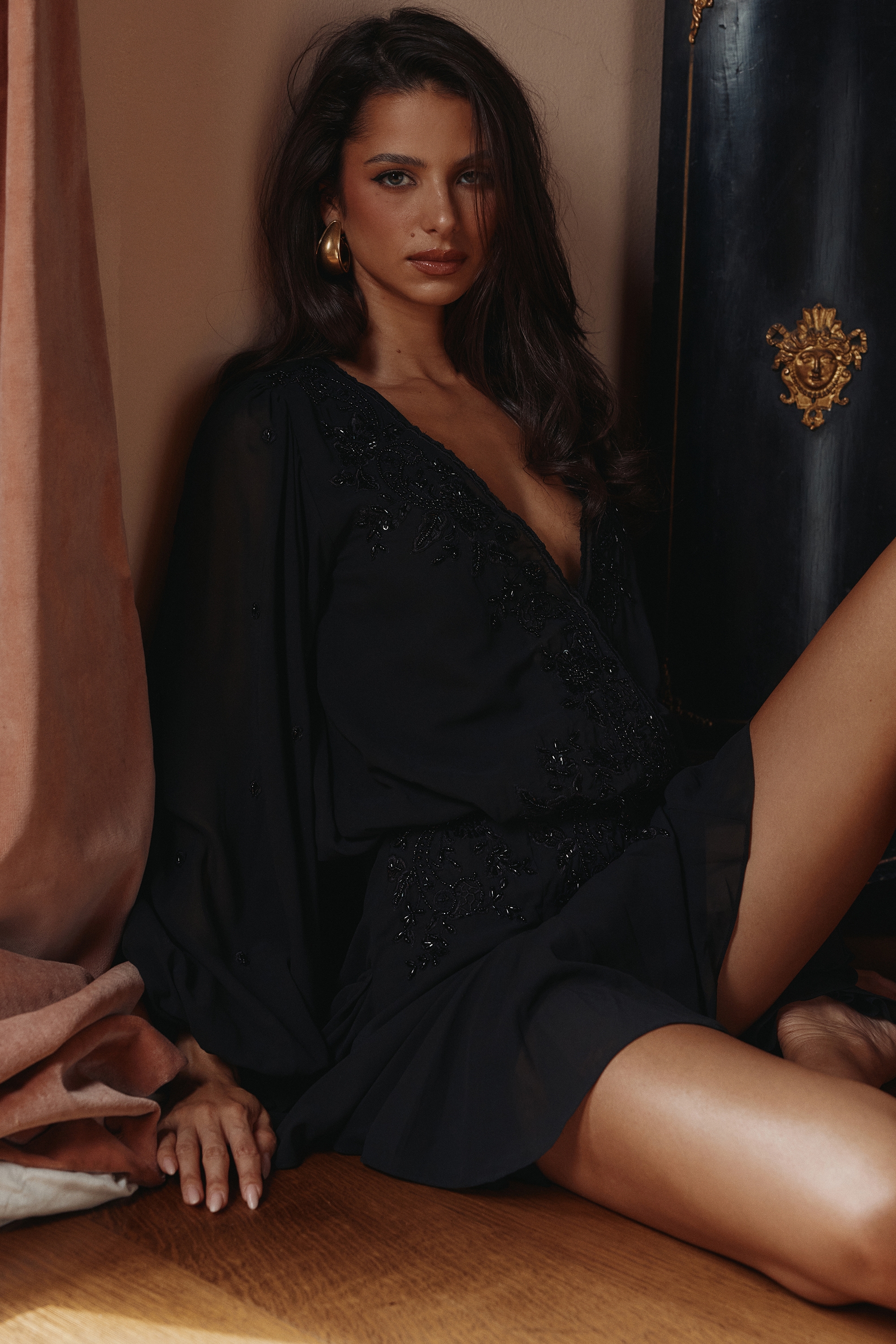 Gianna-Black Hand Beaded Georgette Mini Dress - Limited Edition