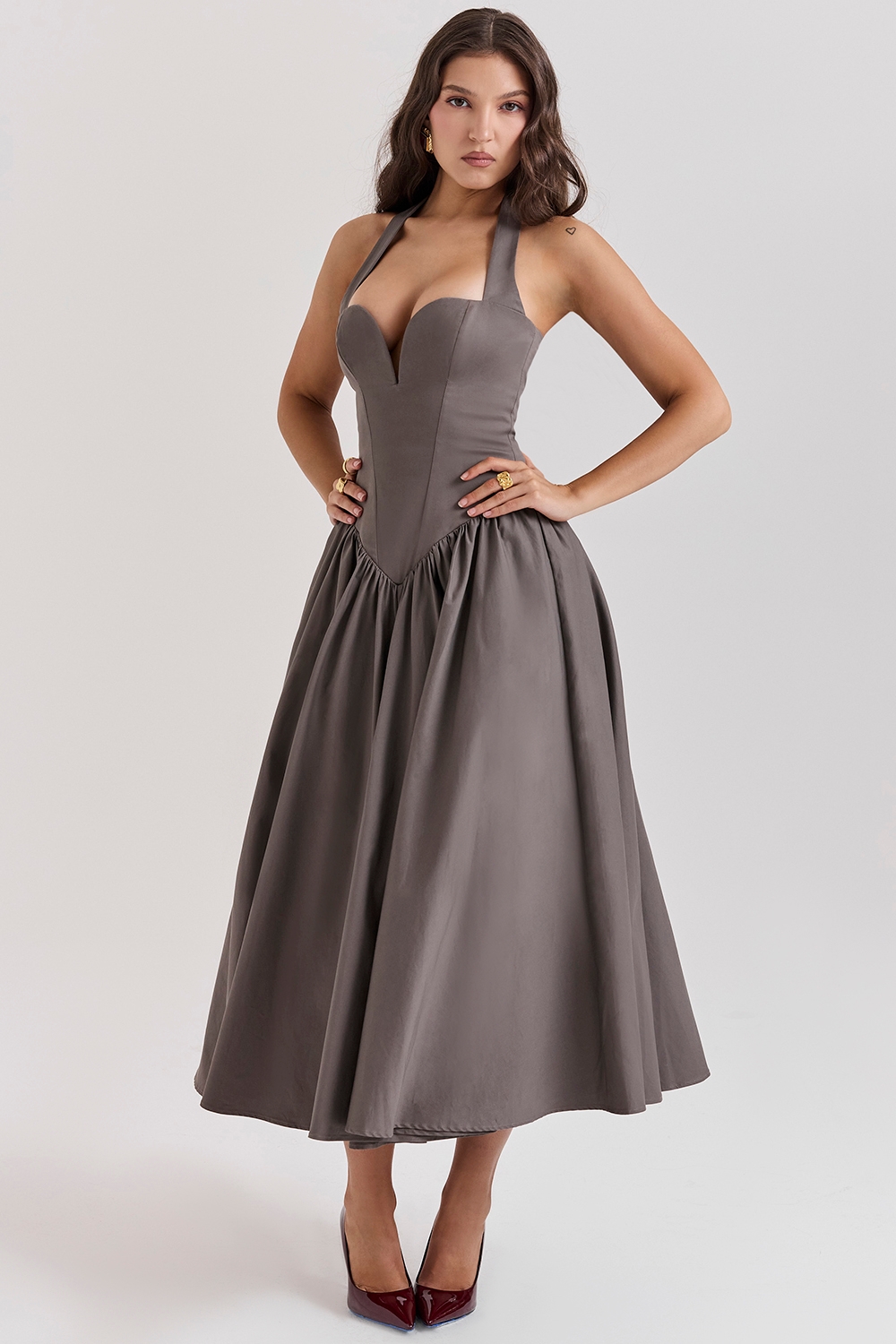 Coquette-Smoke Halter Midi Dress