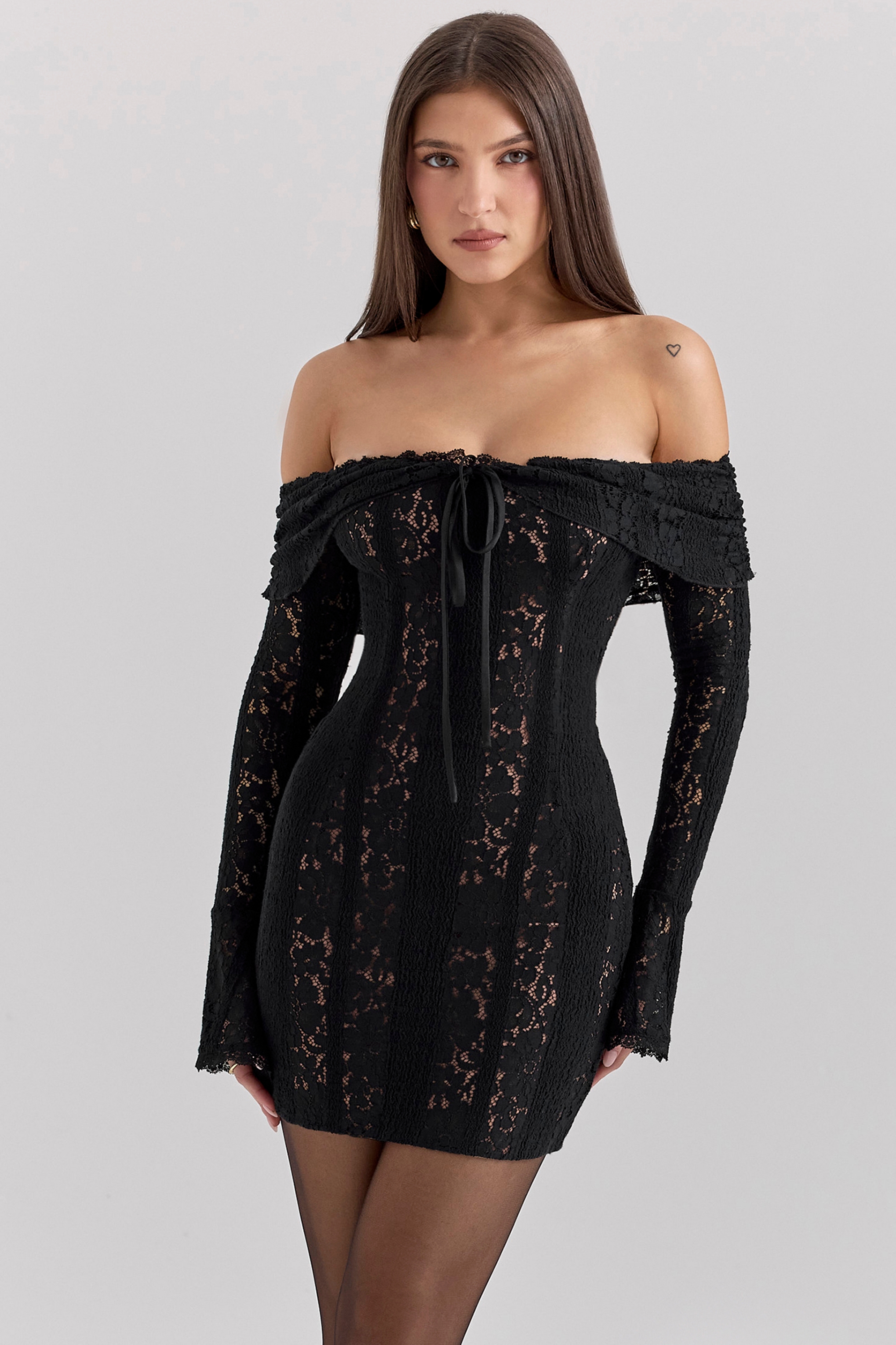 Sadie-Black Floral Lace Off Shoulder Mini Dress