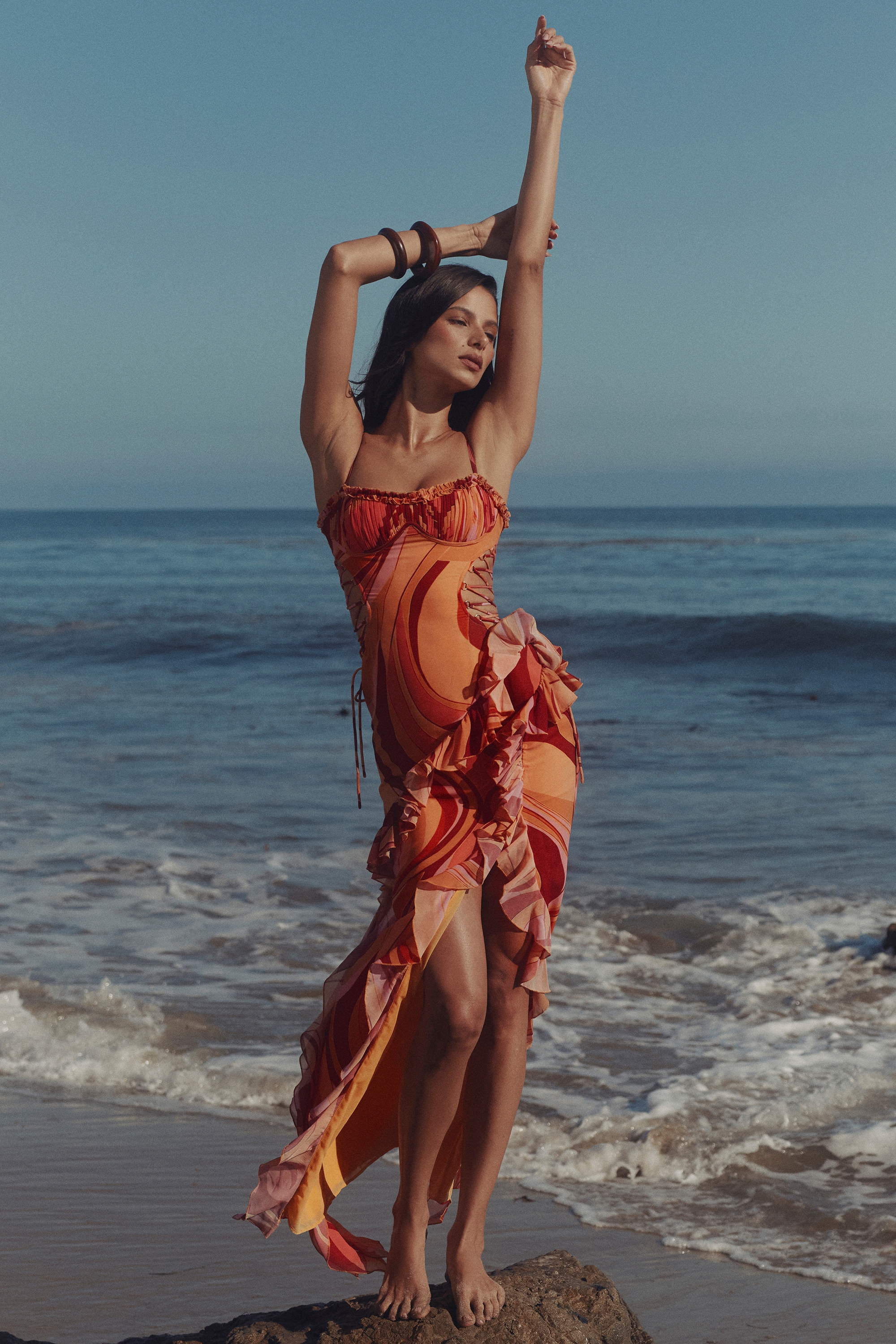 Lumira-Sunset Swirl Print Ruffle Cut Out Maxi Dress