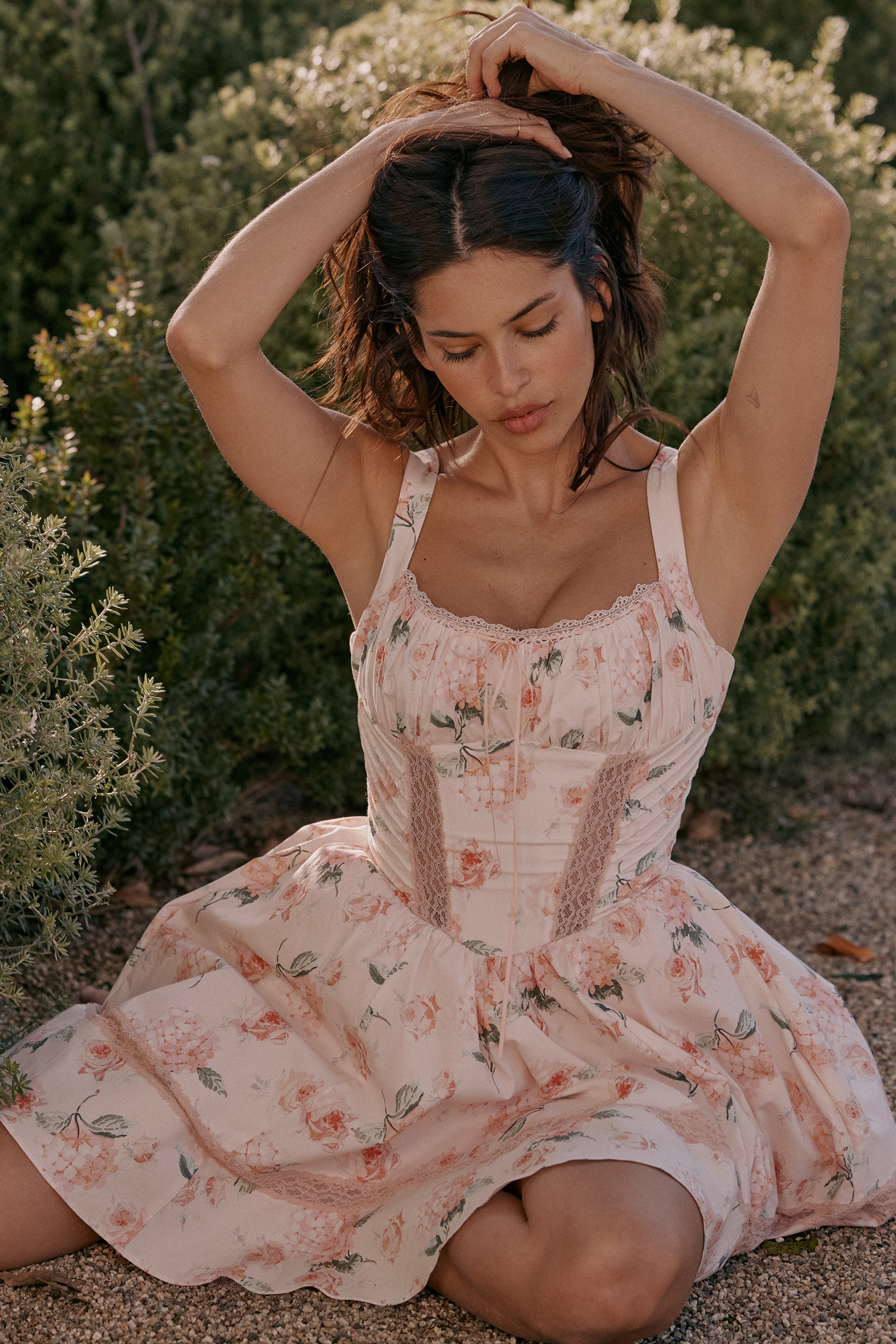 Kimmie-Peach Floral Rose Print Cotton Mini Dress