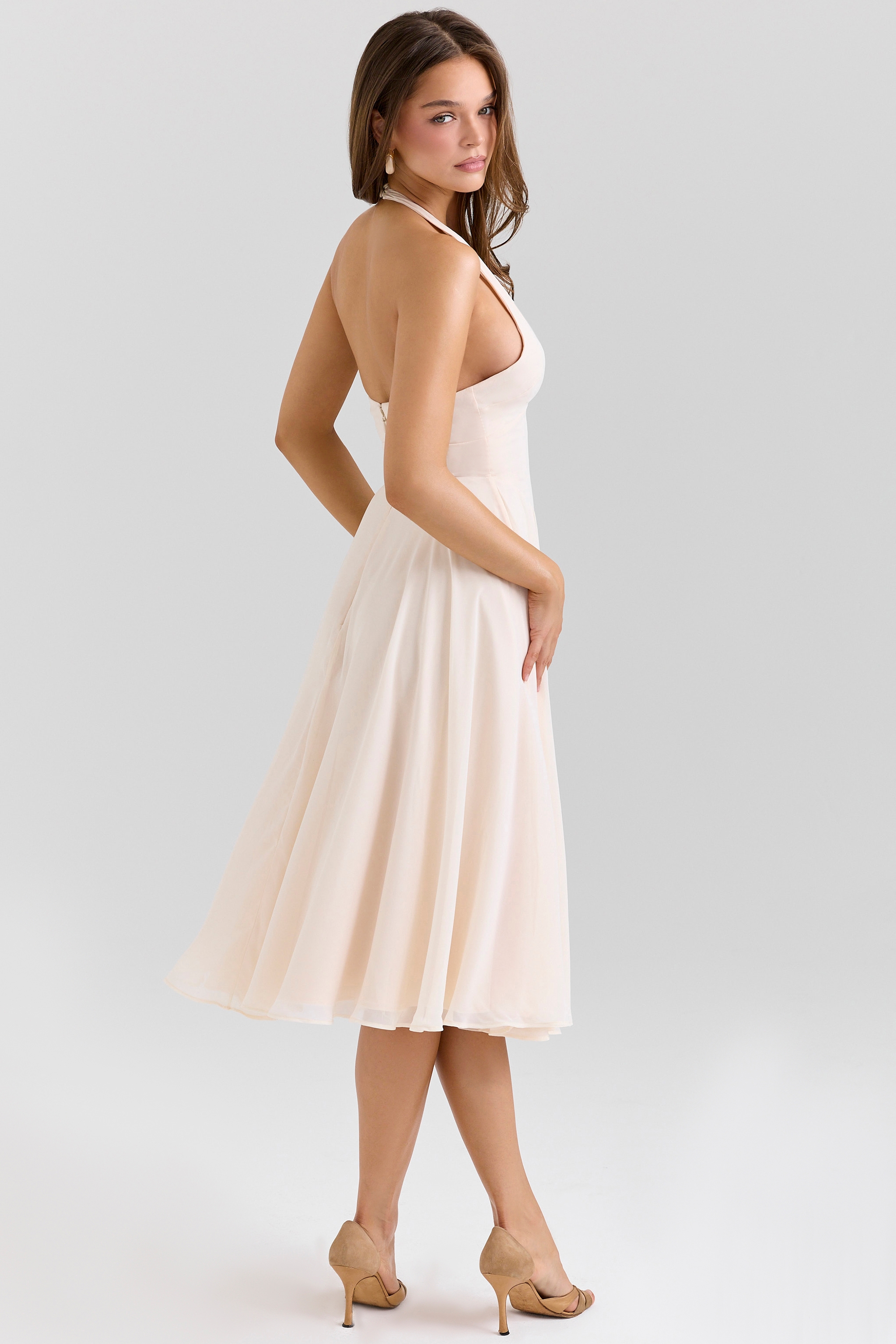 Solada-Vintage Cream Georgette Halter Sundress