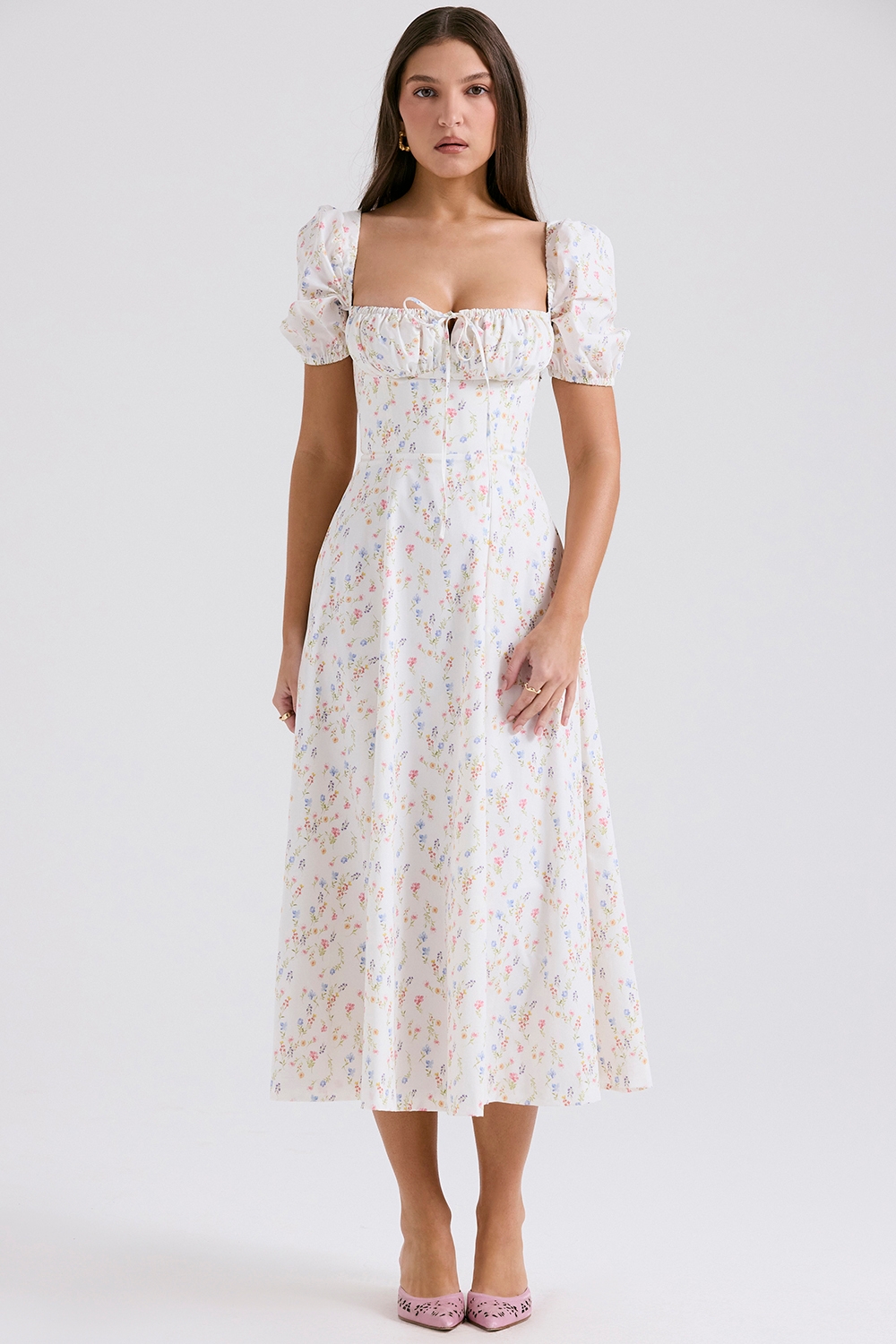 Tallulah-White Posy Print Cotton Puff Sleeve Midi Sundress