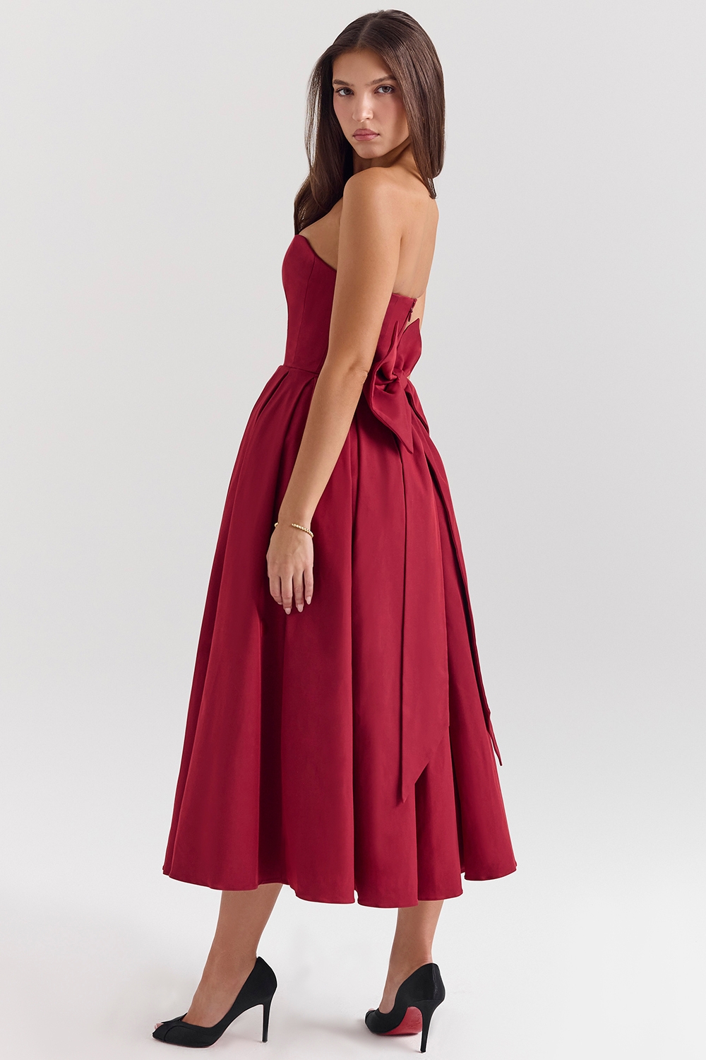 Pandora-Berry Strapless Detachable Bow Midi Dress
