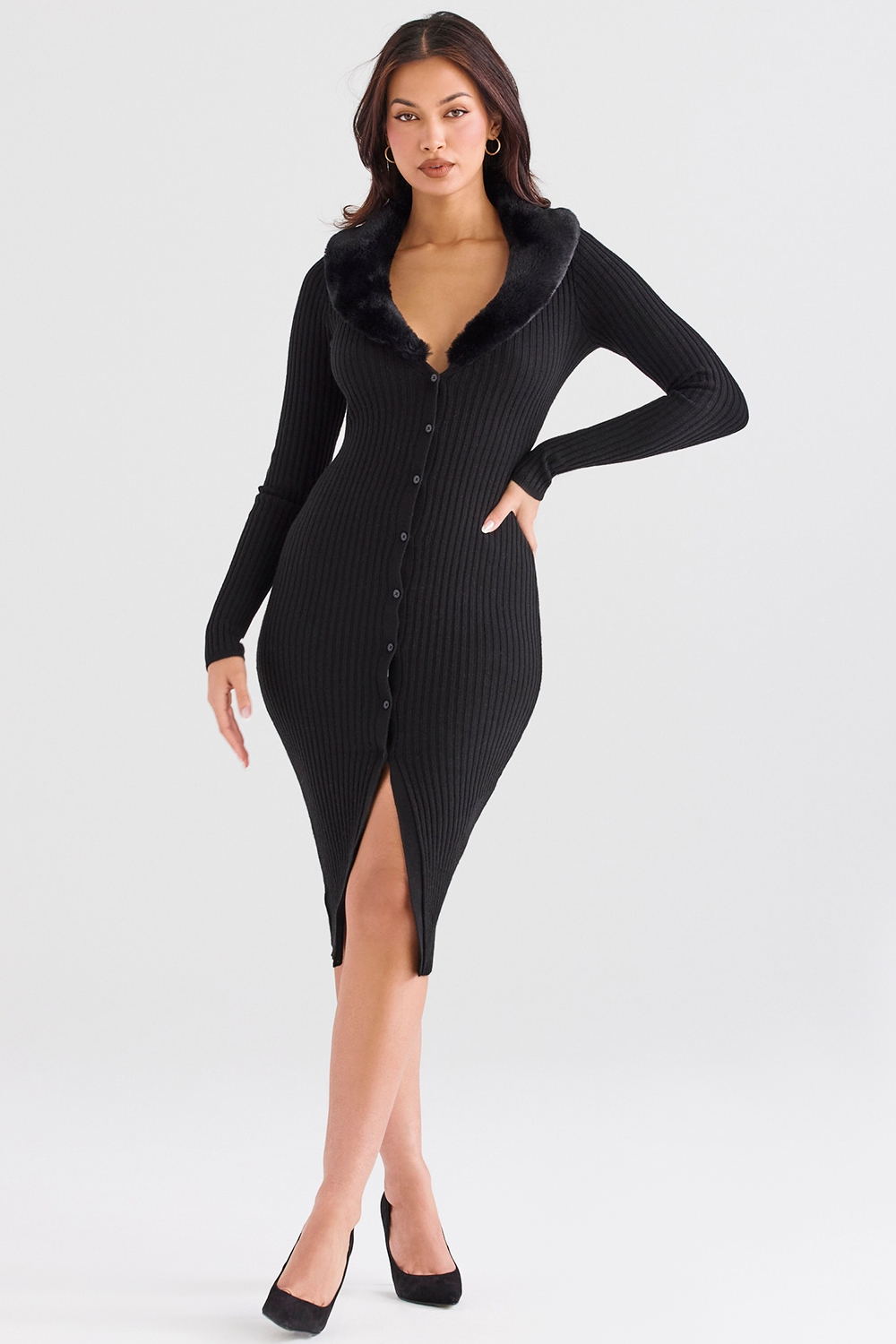 Raine-Black Faux Fur Trim Dress - SALE