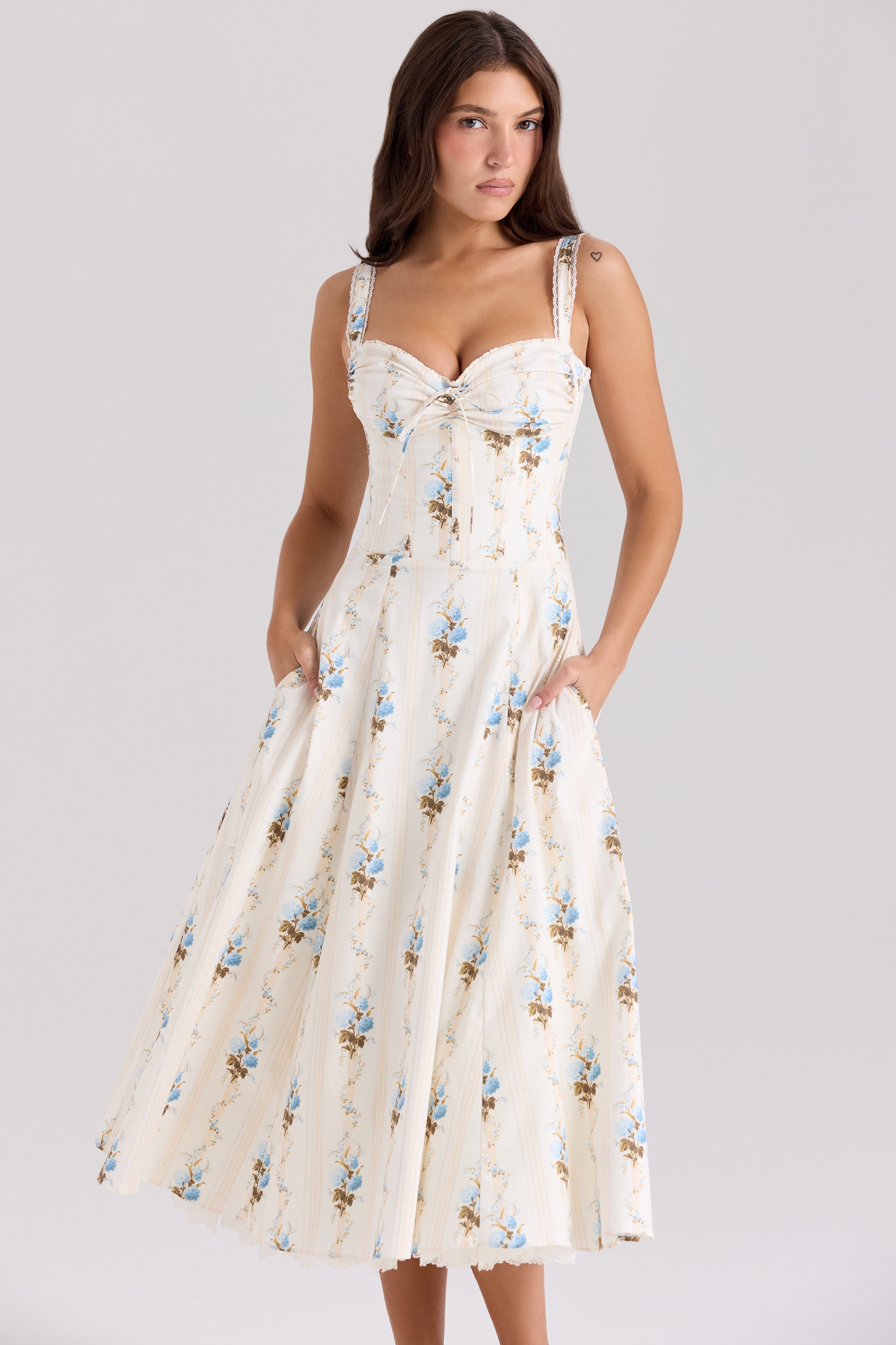 Rosalee-Cream Floral Print Cotton Corset Midi Dress