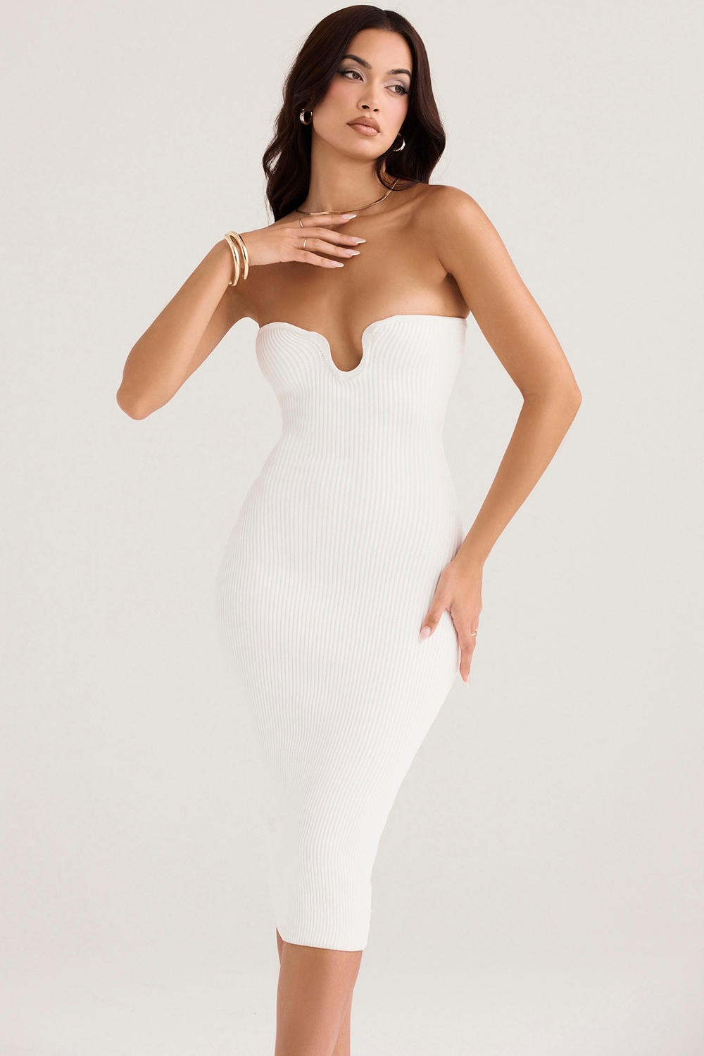 Oriana-White Ribbed Knit Strapless Midi Dress