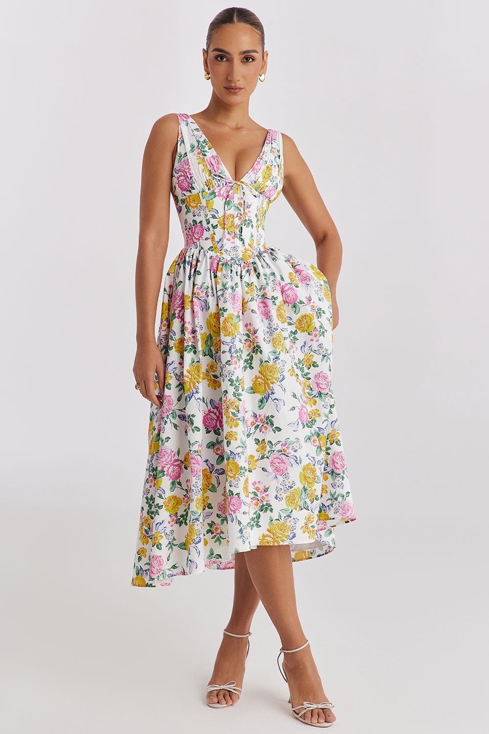 Emmelina-White Vintage Rose Print Cotton Corset Sundress