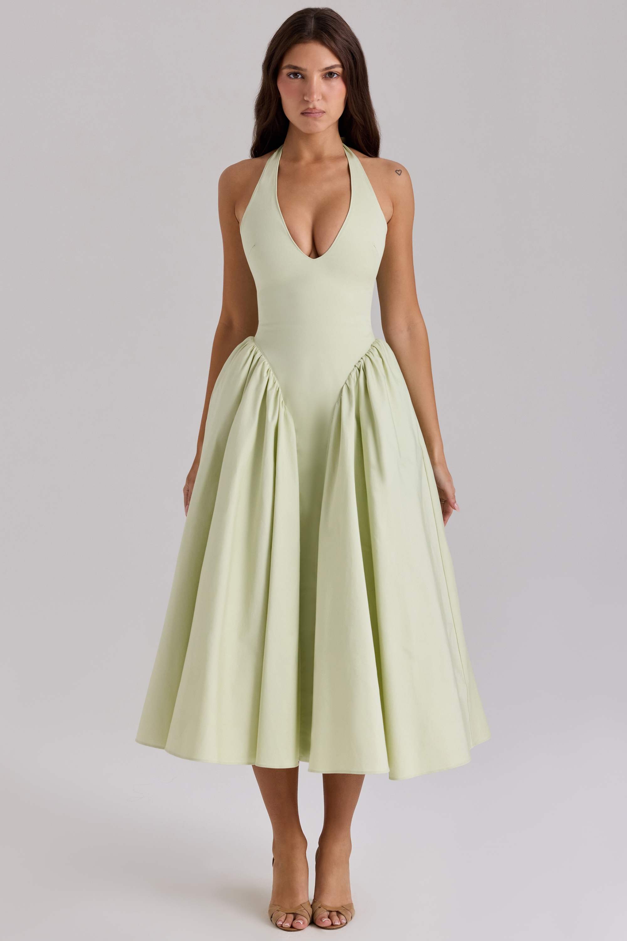 Marilyn-Pistachio Cotton Halter Midi Sundress