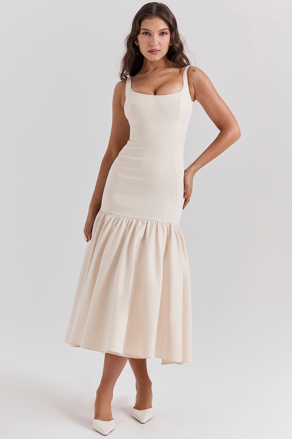 Amore-Vintage Cream Dropped Waist Midi Dress