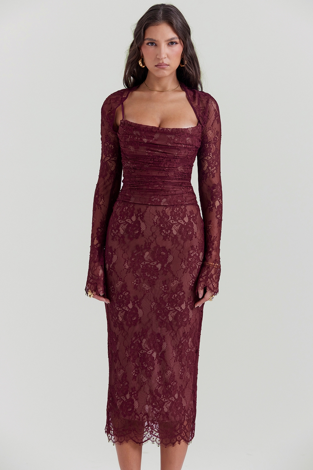 Gaia-Claret Lace Midi Dress