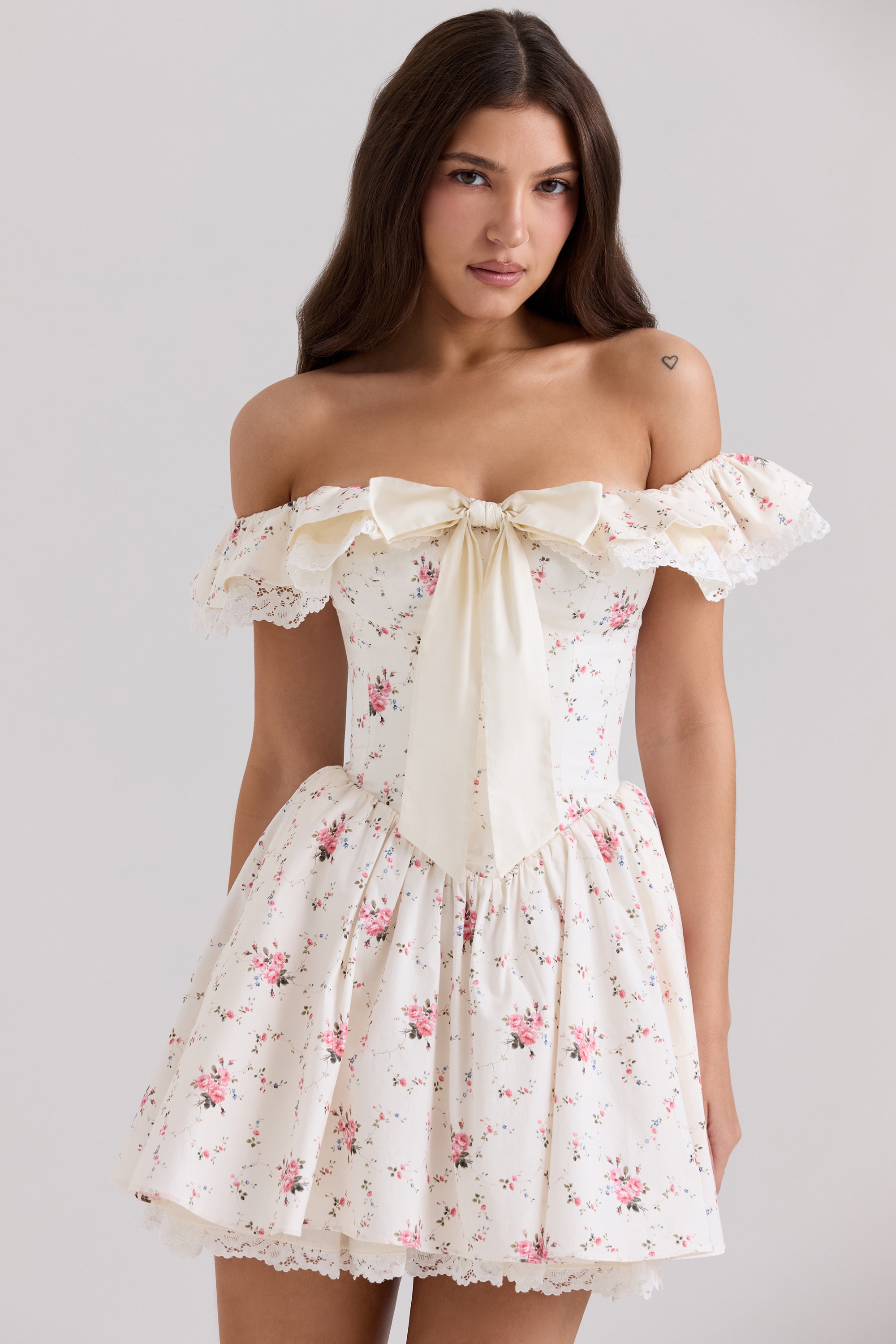 Jaide-Stretch Cotton Floral Print Off Shoulder Corset Mini Dress