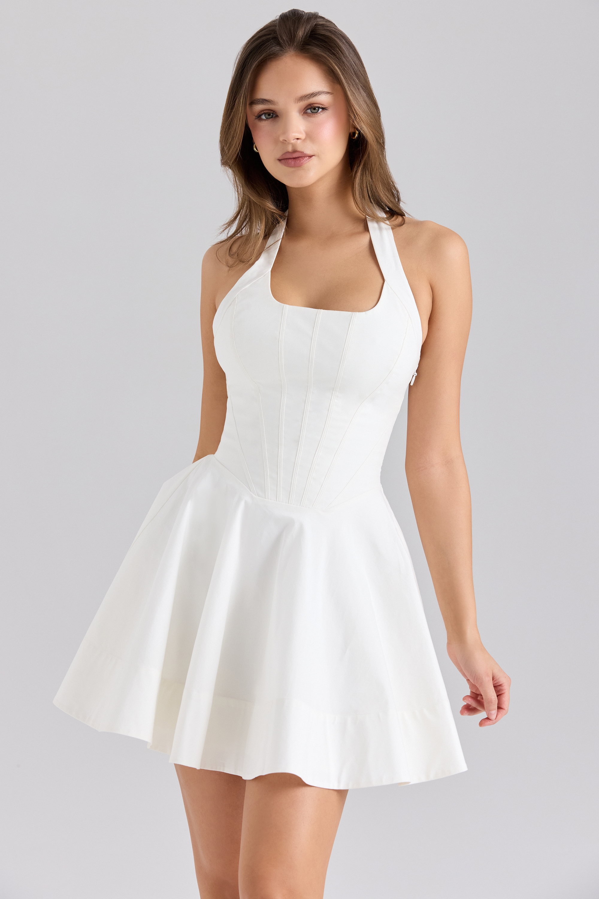 Sasha-White Stretch Cotton Halter Neck Mini Dress