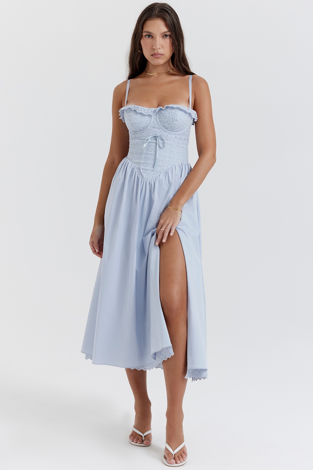 Jaime-Soft Blue Cotton Broderie Anglais Midi SunDress