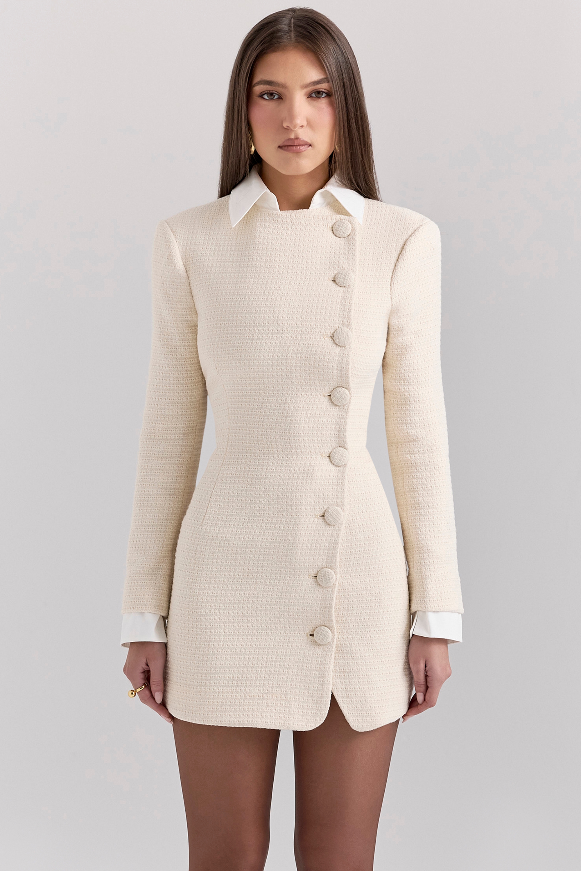 Leoni-Cream Boucle Tweed Mini Dress
