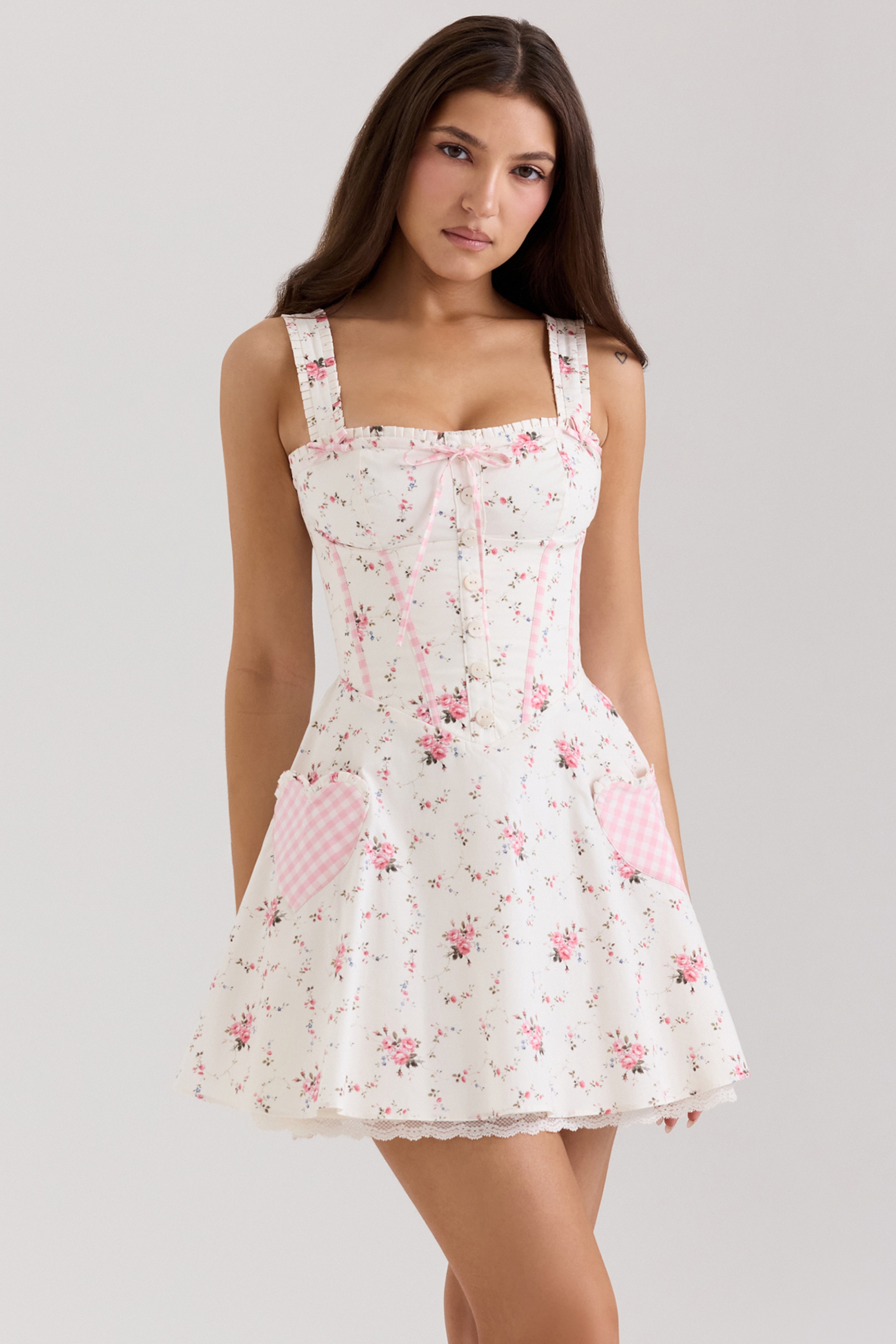 Marianella-Cream Rose Print Stretch Cotton Mini Dress