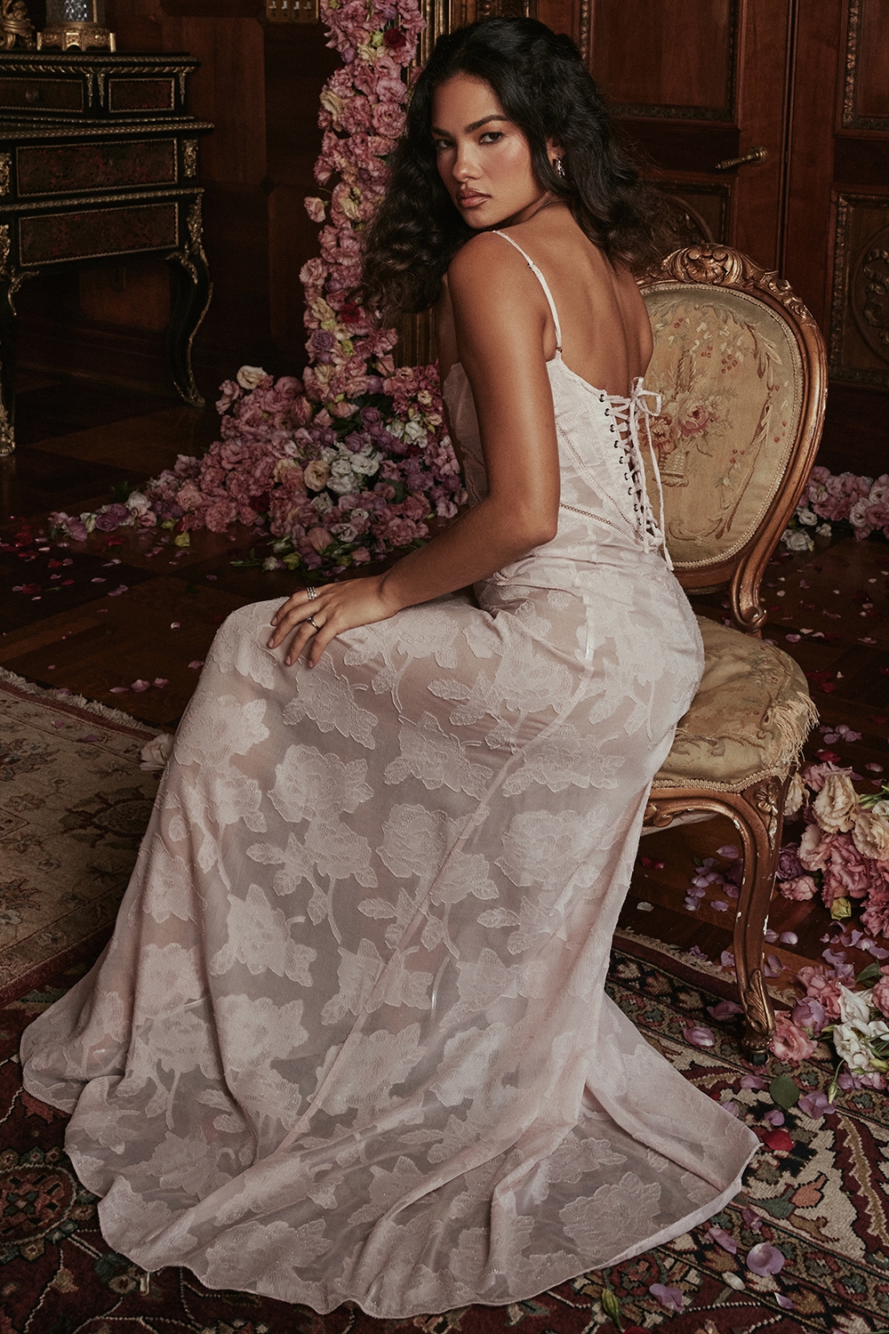 Seren-Soft Pink Floral Lace Back Maxi Dress