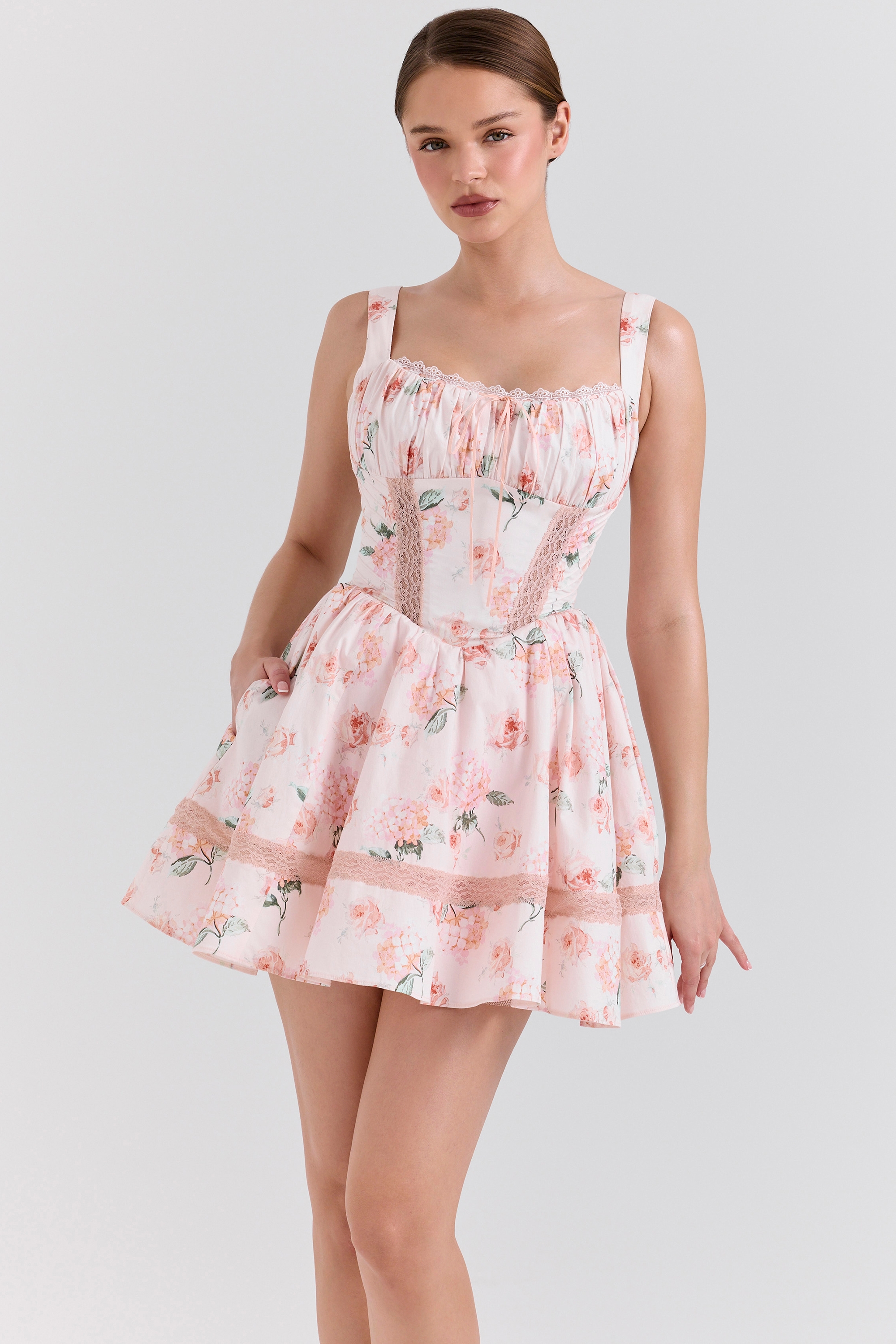 Kimmie-Peach Floral Rose Print Cotton Mini Dress