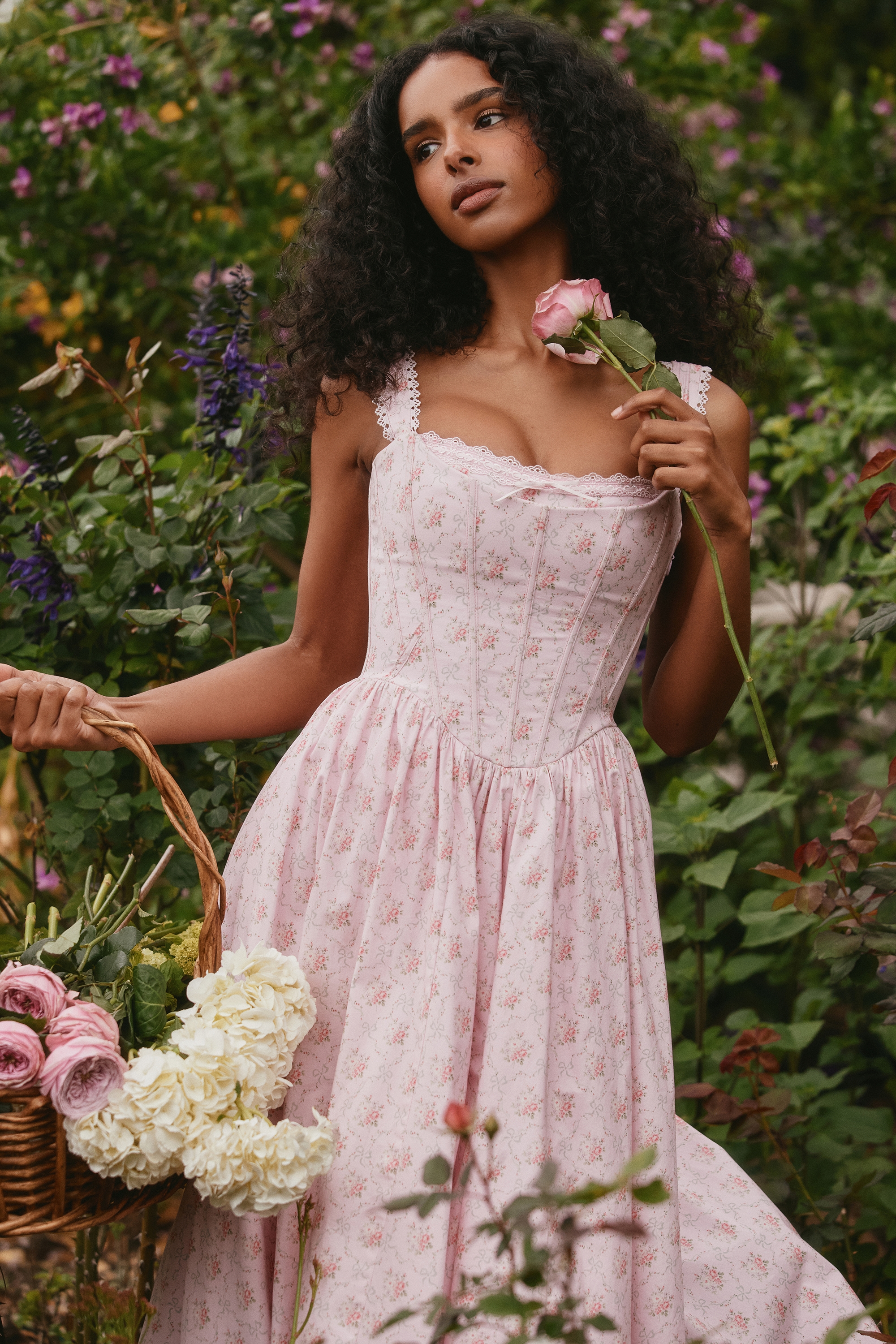 Amara-Pink Rose Print Stretch Cotton Corset Midi Dress