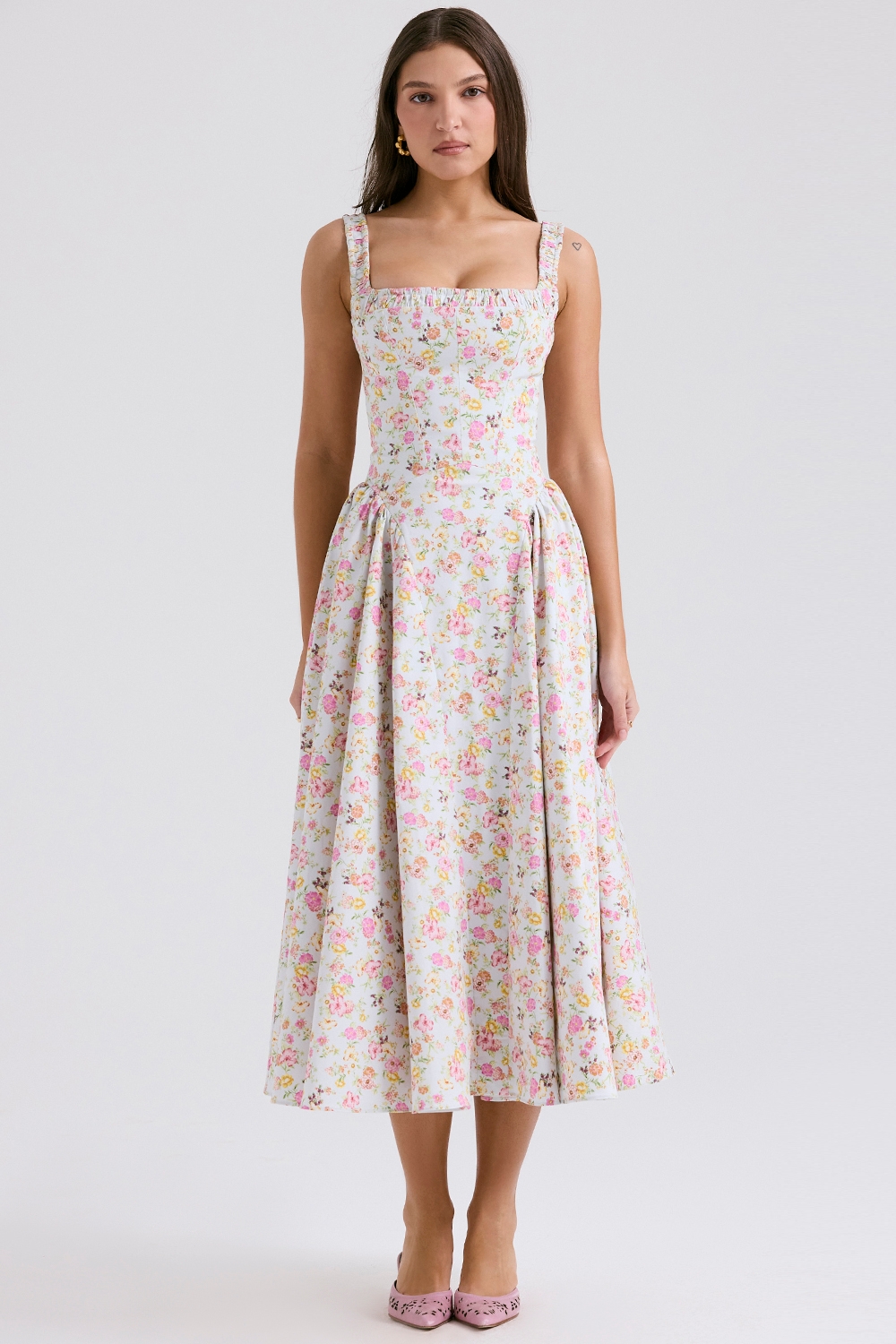 Dorothy-Pale Blue Meadow Print Cotton Midi Sundress