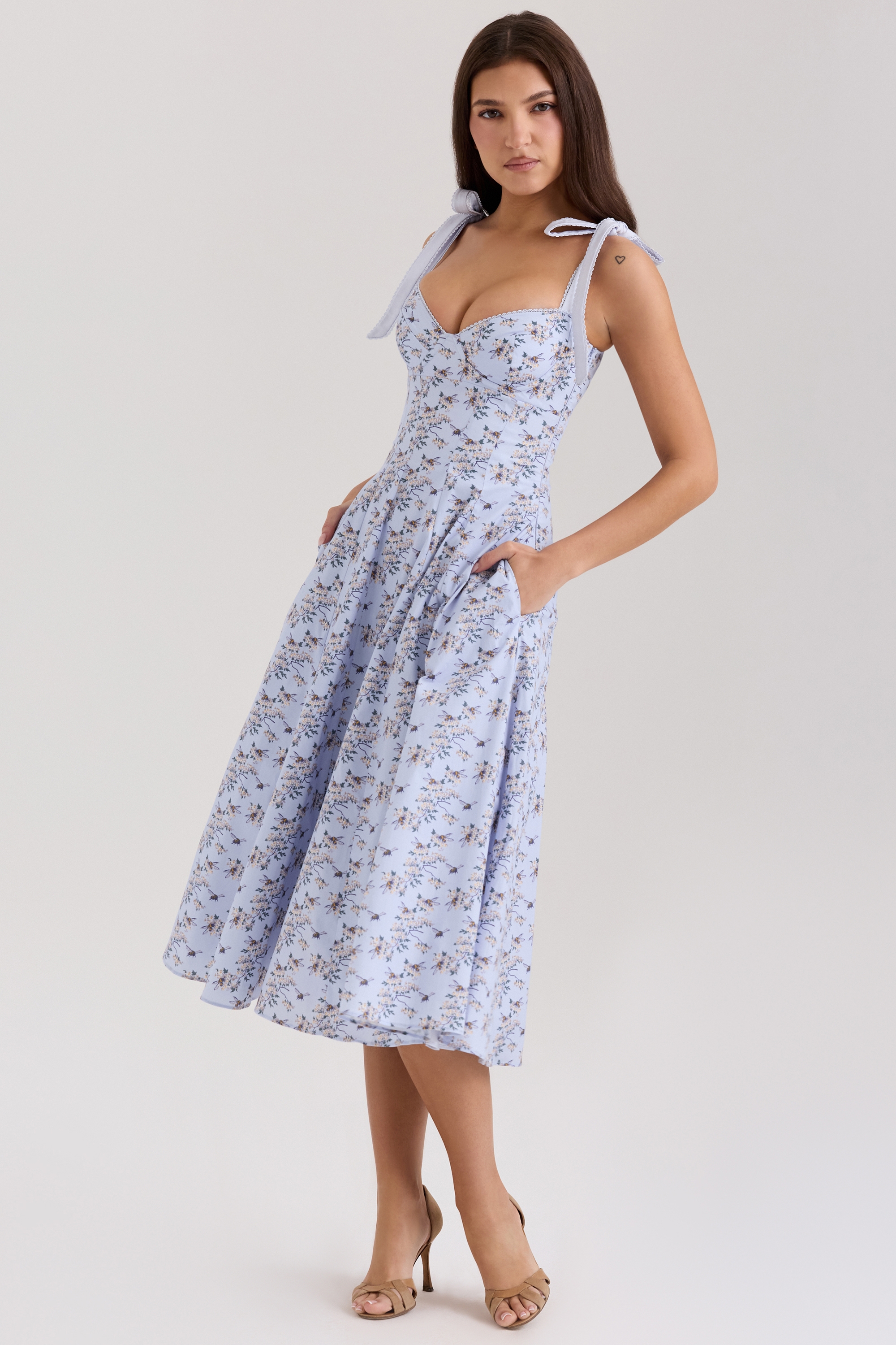 Emely-Blue Floral Print Stretch Cotton Midi Sundress