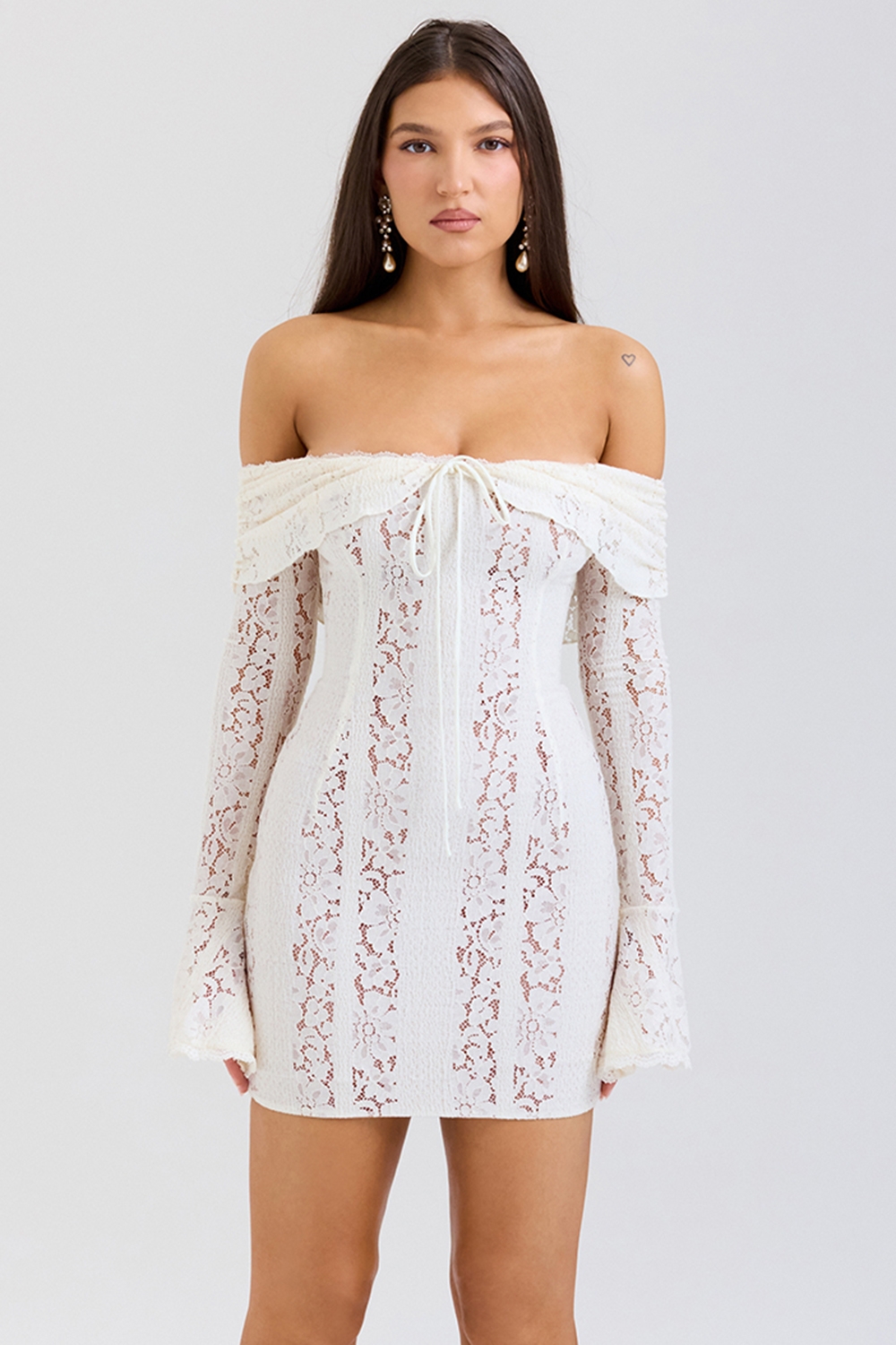 Sadie-Vintage Cream Floral Lace Off Shoulder Mini Dress