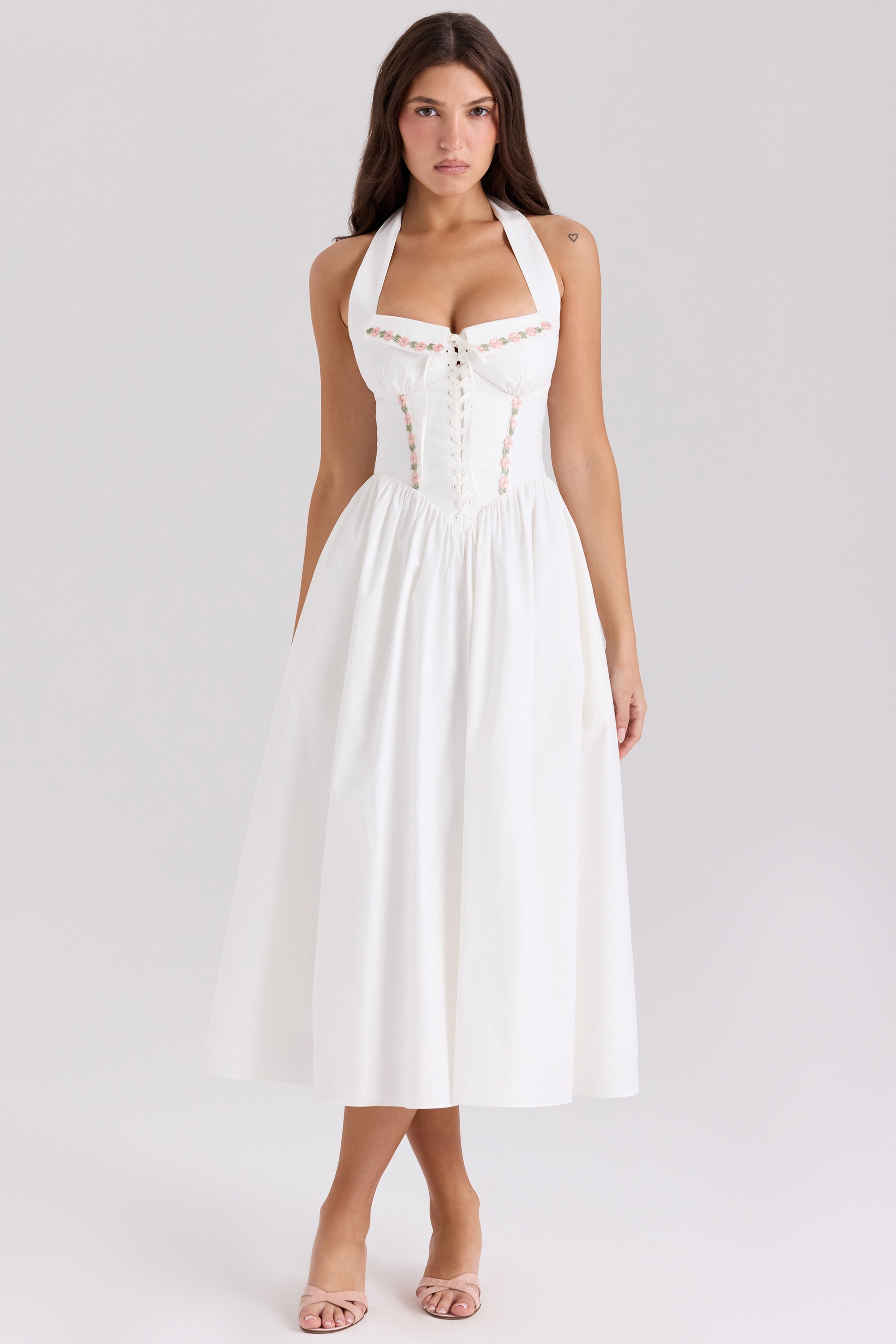 Emilia-White Cotton Halter Neck Midi Dress