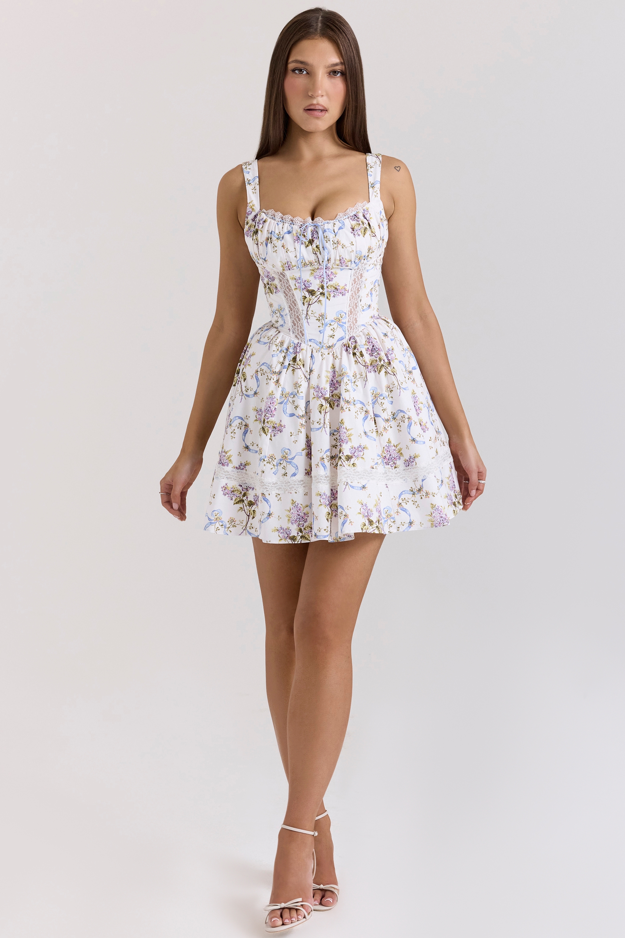 Kimmie-White Floral Ribbon Print Cotton Mini Dress