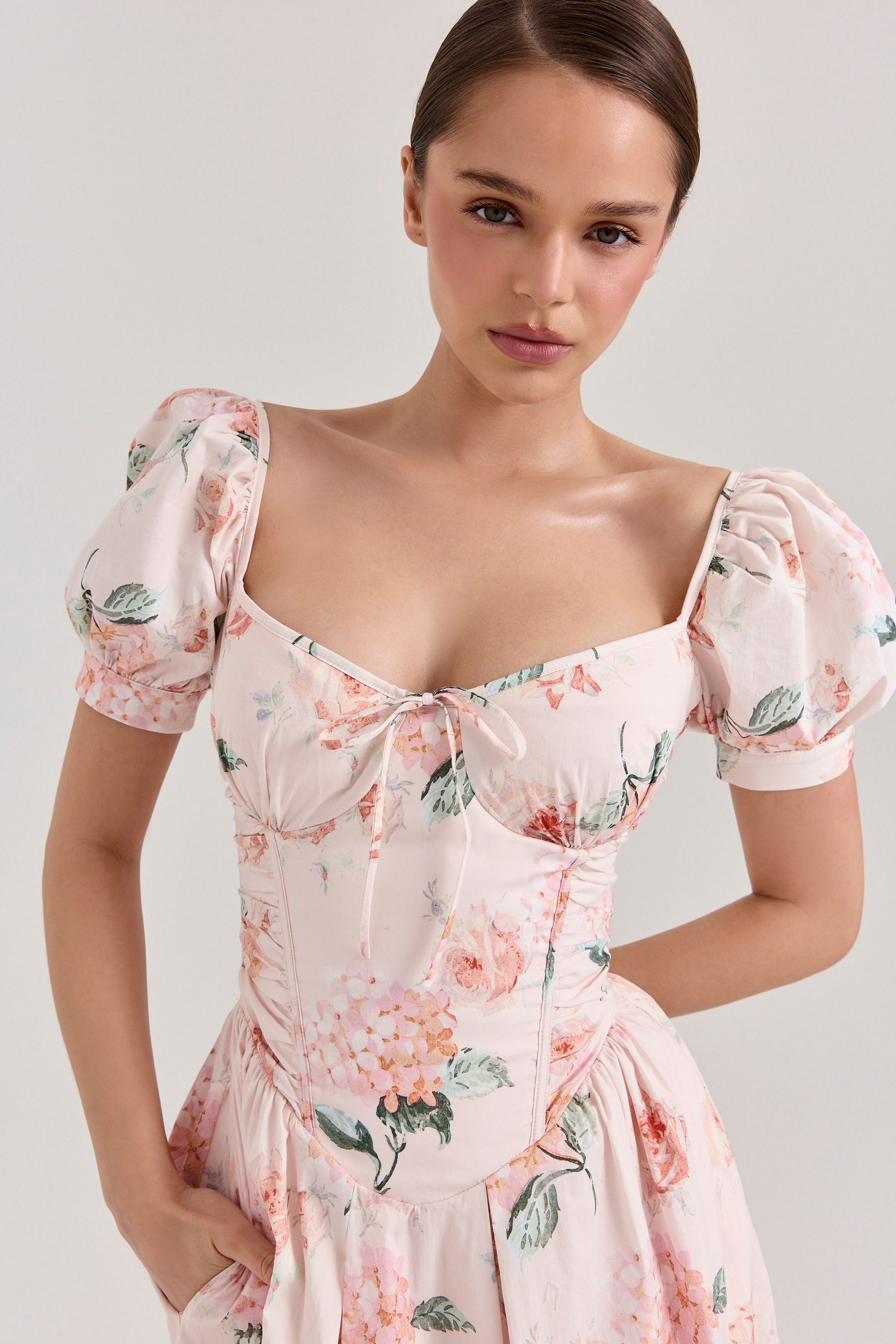 Lulabell-Peach Floral Cotton Puff Sleeve Midi Dress