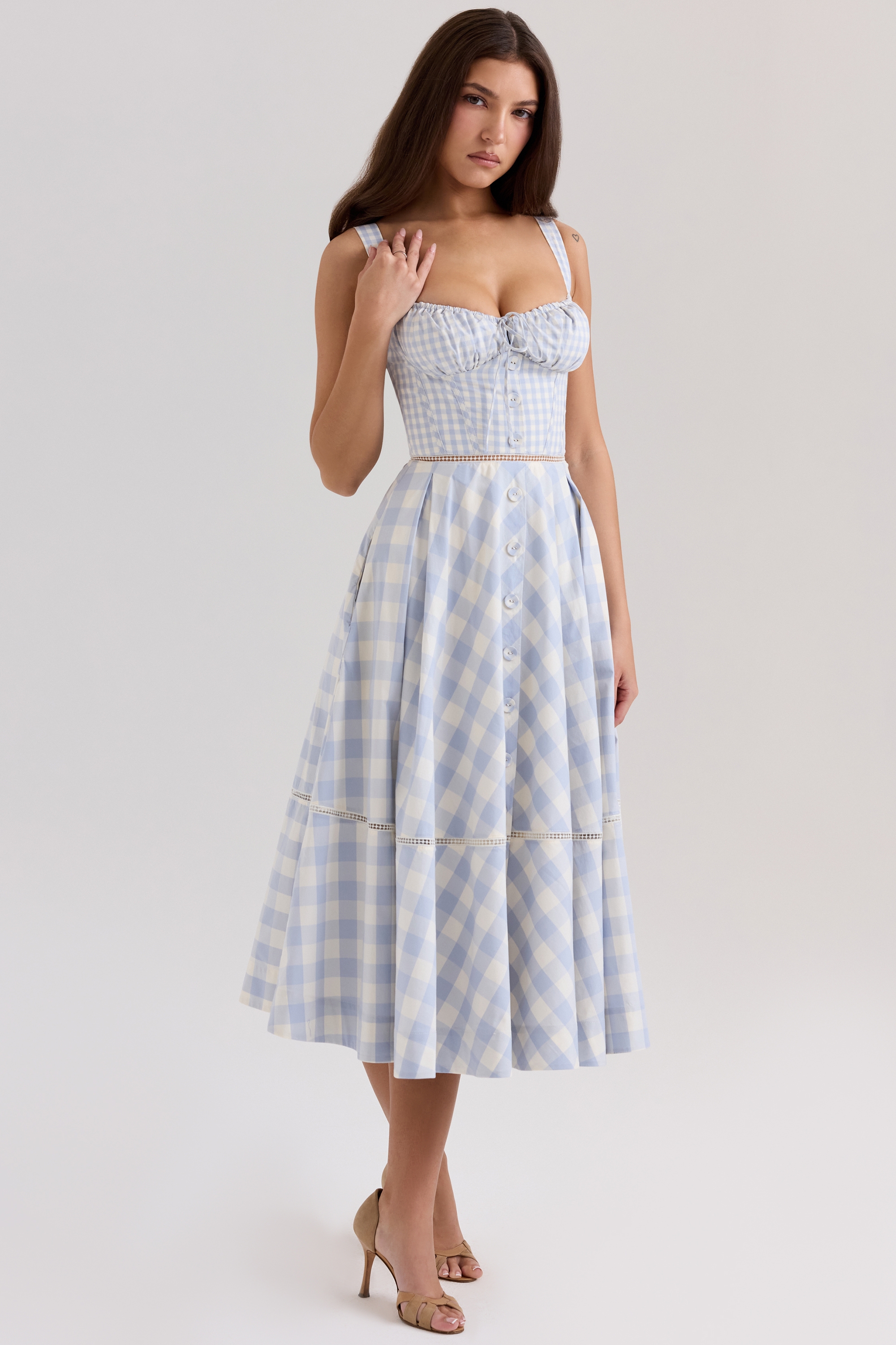 Chiarina-Light Blue Gingham Stretch Cotton Midi Dress