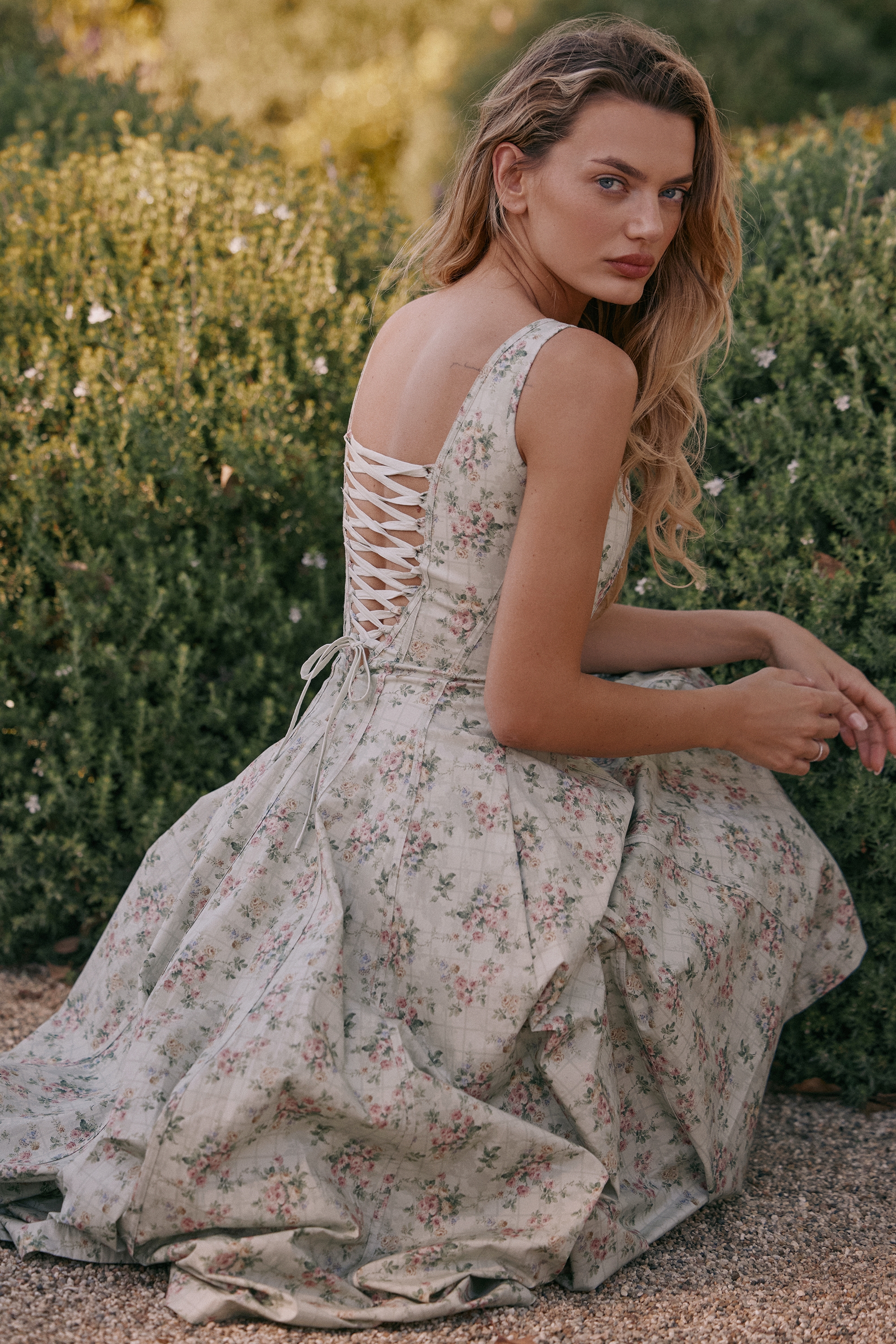 Mariabella-Sage Floral Print Cotton Midi Dress