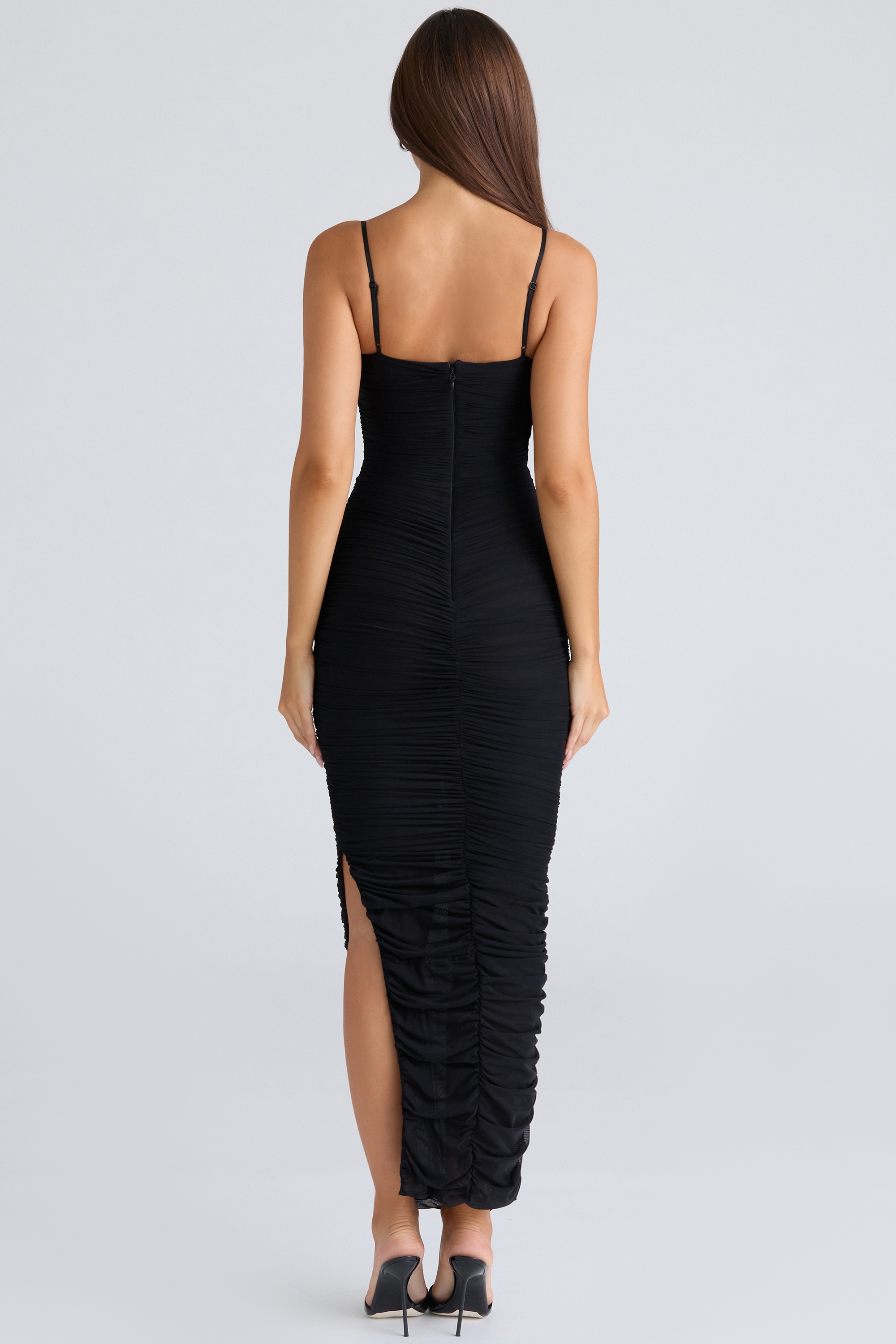 Fornarina-Black Gathered Stretch Mesh Maxi Dress
