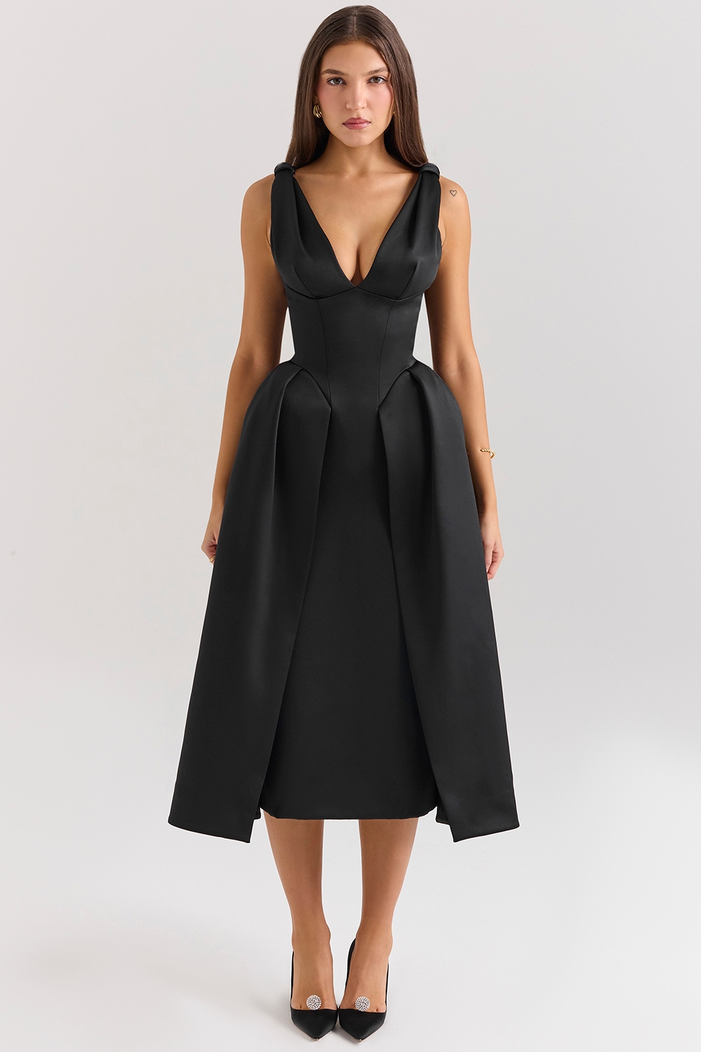 Paloma-Black Satin Twist Strap Midi Dress - SALE