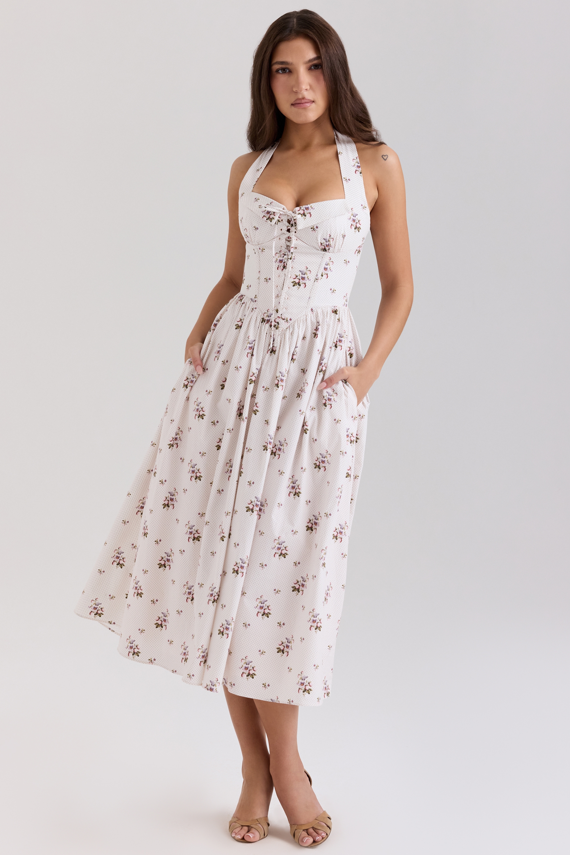 Emilia-Cream Floral Print Stretch Cotton Halter Neck Midi Dress