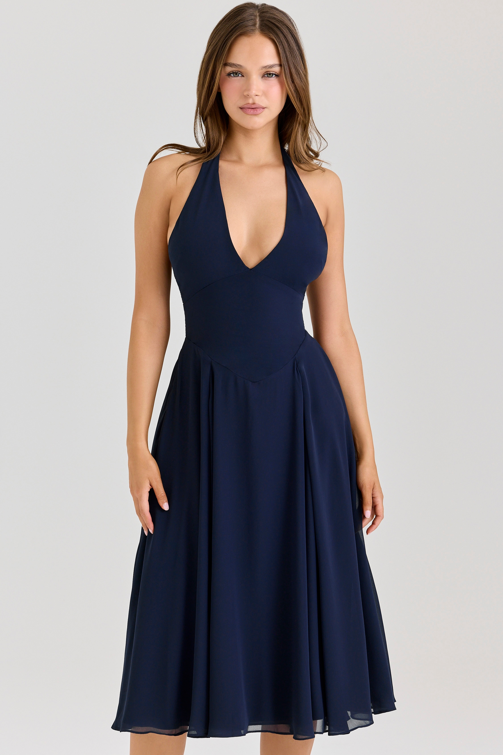 Solada-Navy Georgette Halter Midi Dress