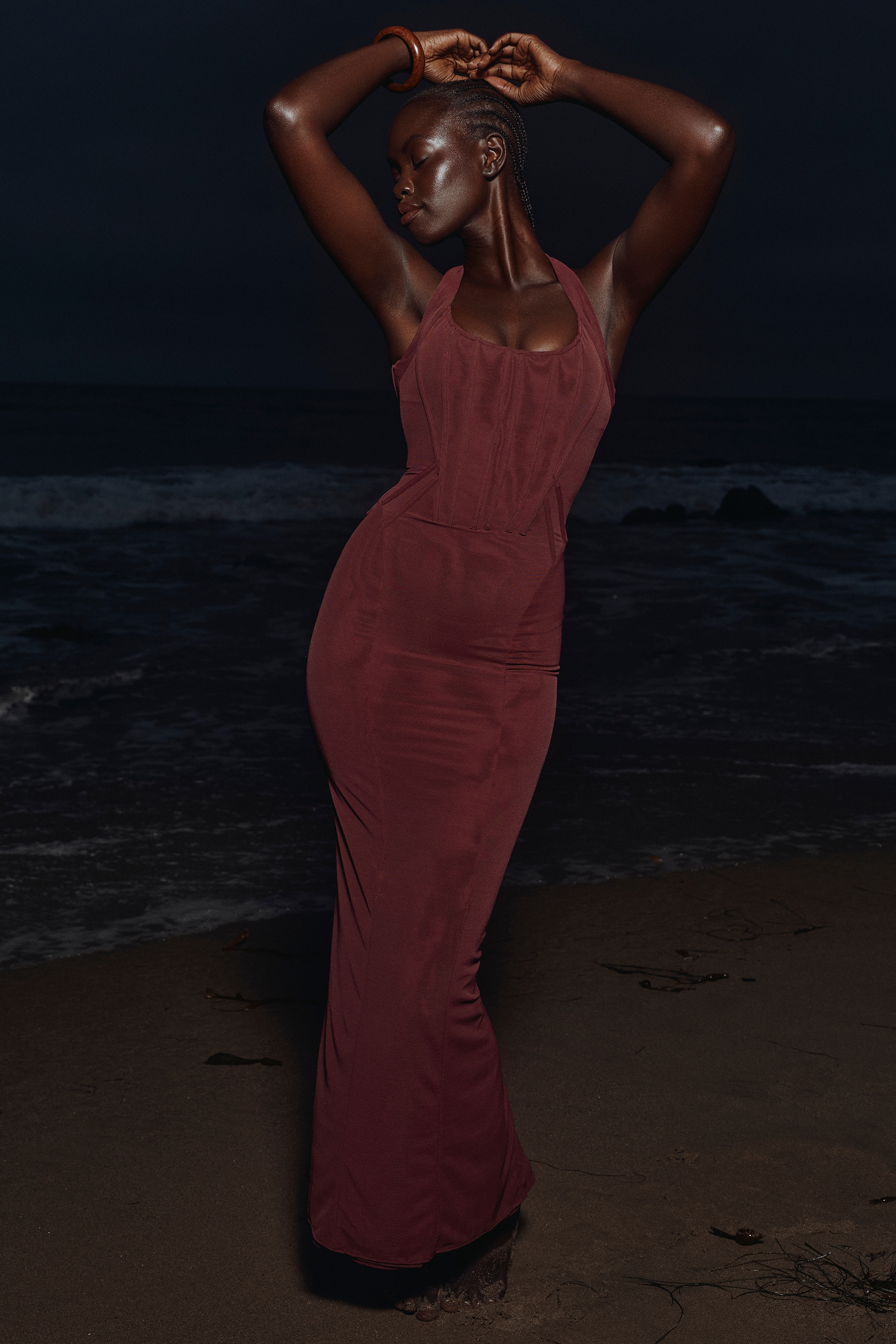 Lusilla-Grape Stretch Mesh Halter Neck Midi Dress