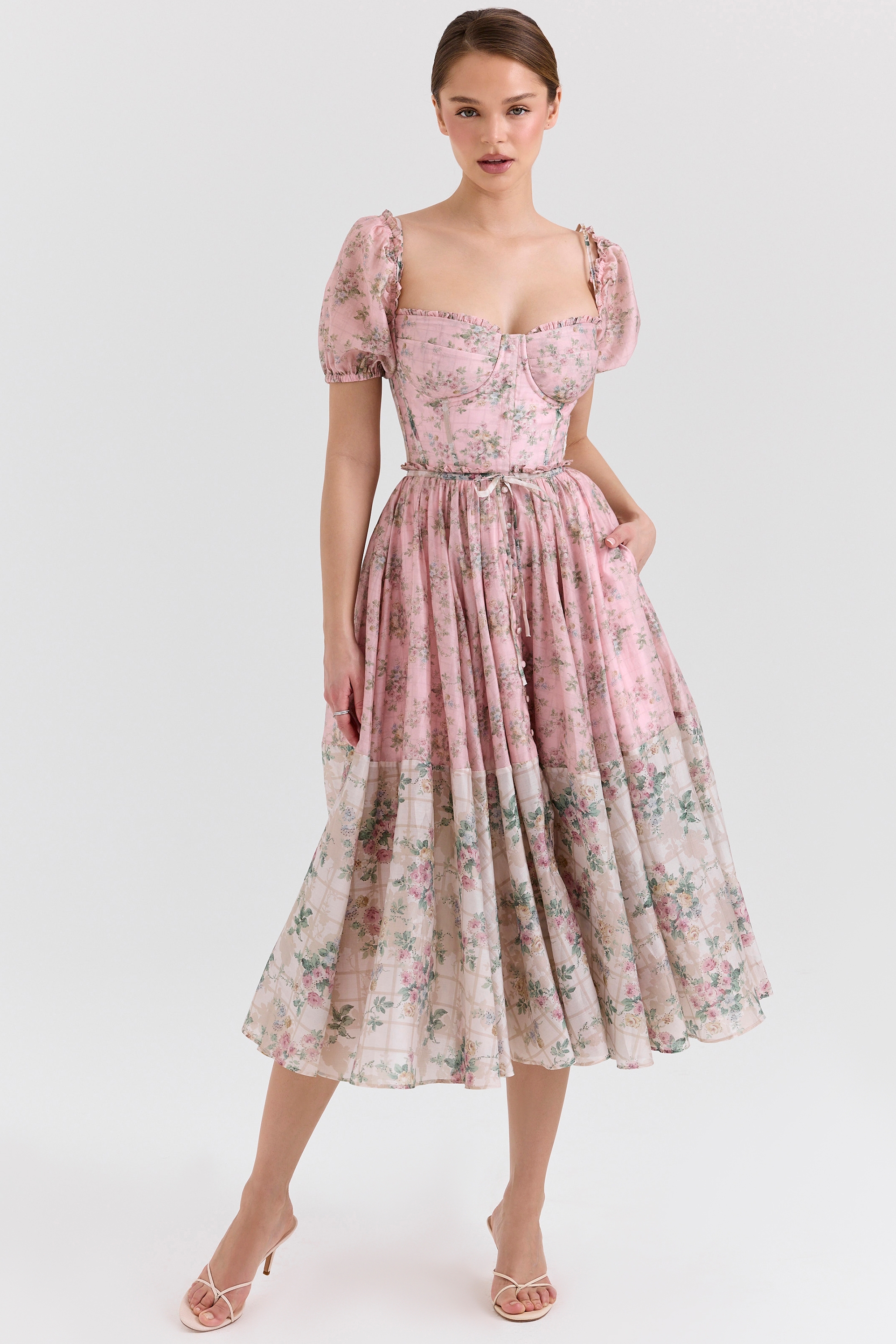 Penelope-Pink Floral Chiffon Midi Dress